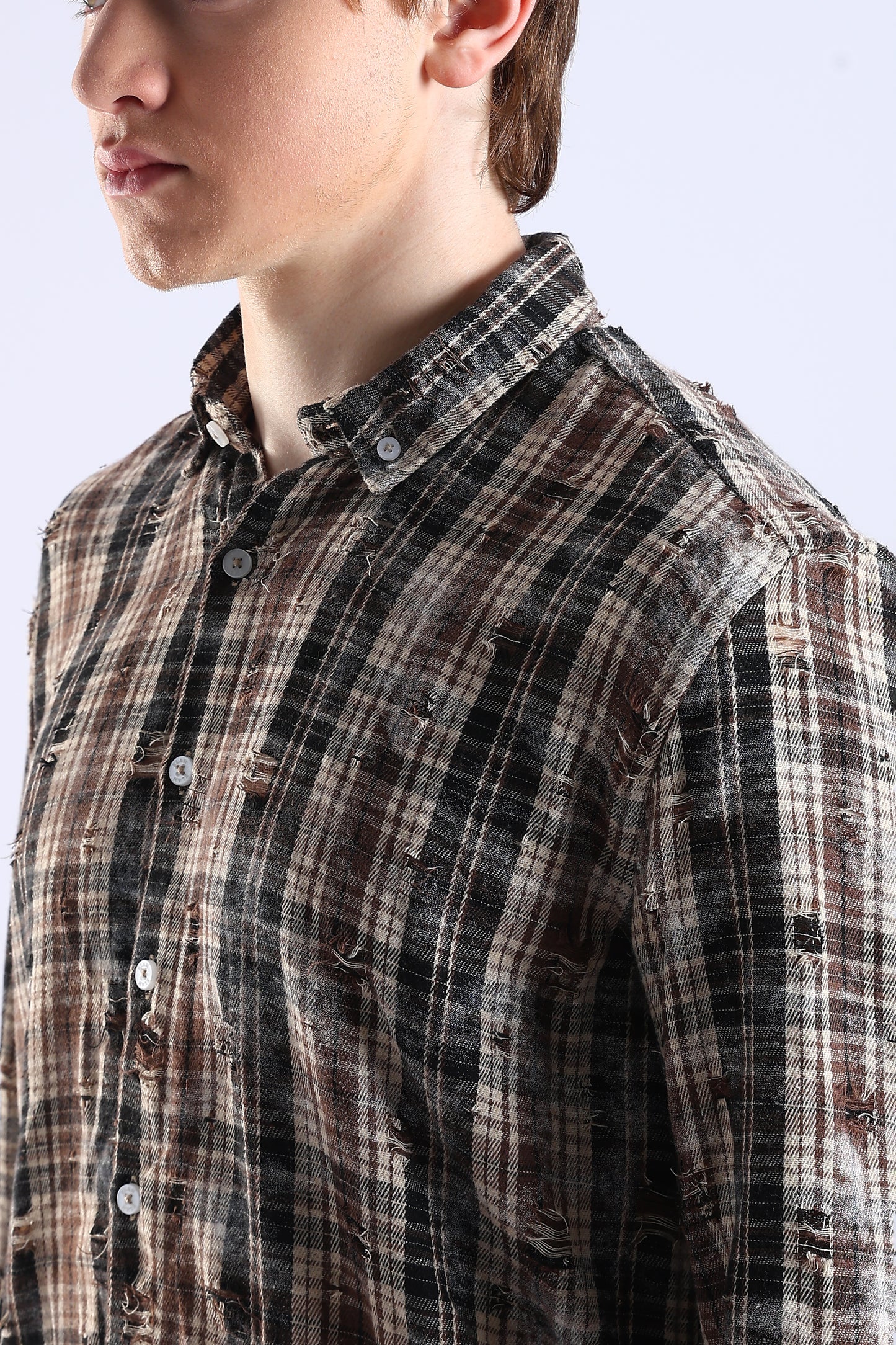 Regular Fit Torn Brown & Black Washed Check Shirt