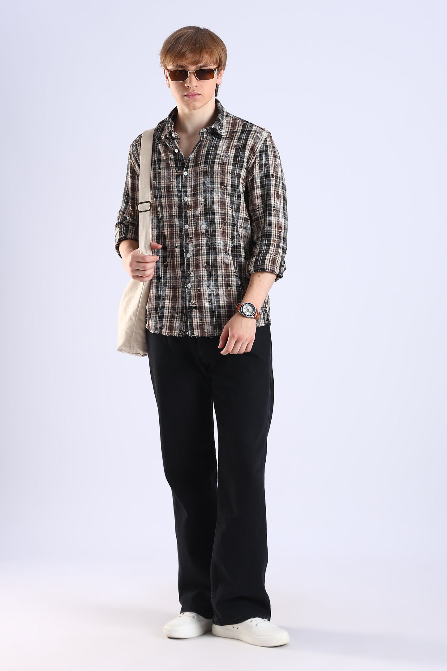 Regular Fit Torn Brown & Black Washed Check Shirt
