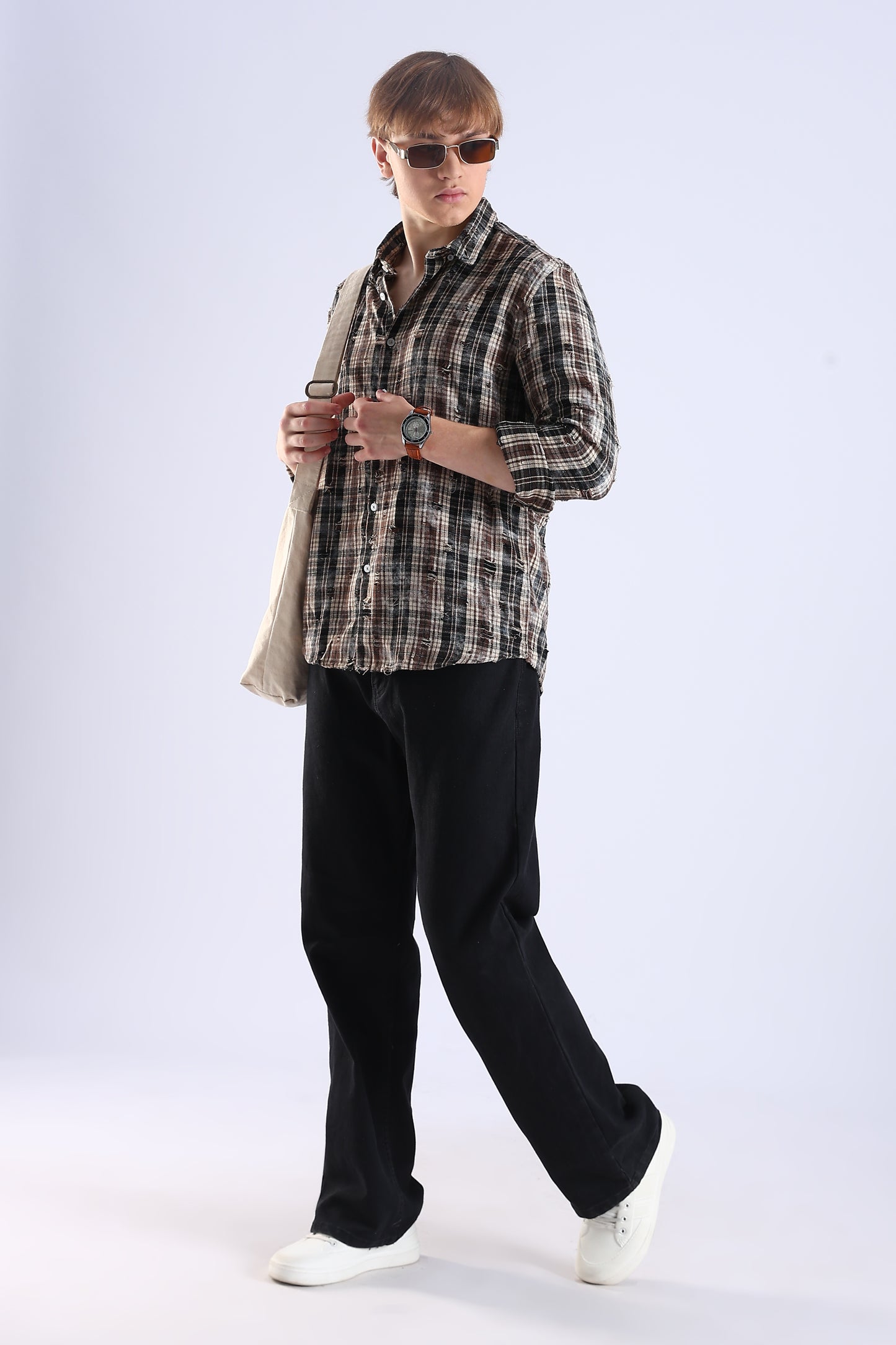 Regular Fit Torn Brown & Black Washed Check Shirt