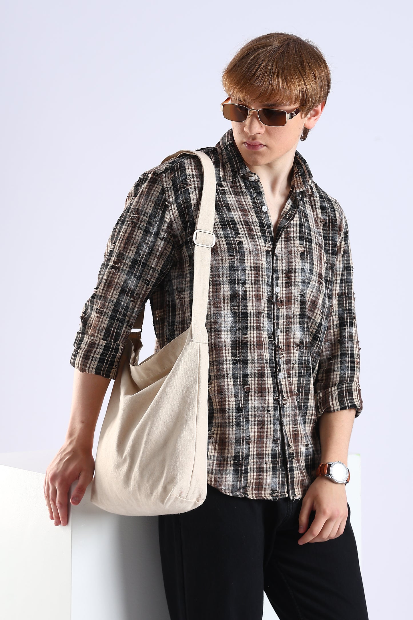 Regular Fit Torn Brown & Black Washed Check Shirt