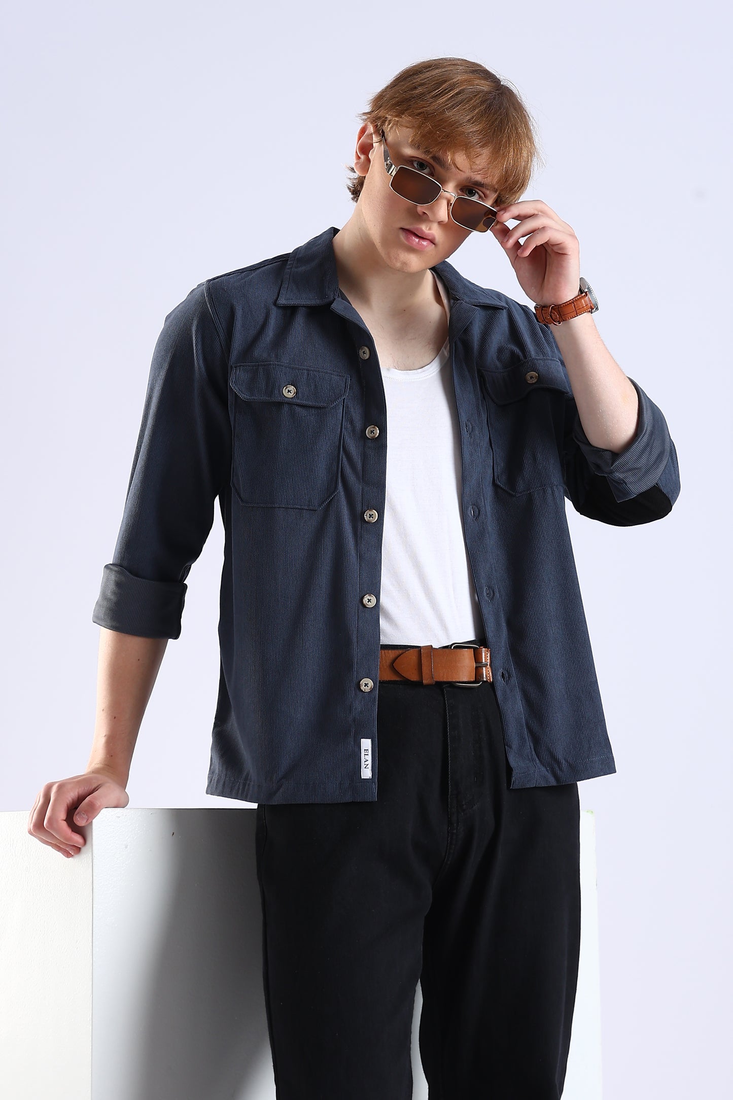 Regular Fit Baby Courdrey Double Pocket Elbow Patch Navy Blue Shirt