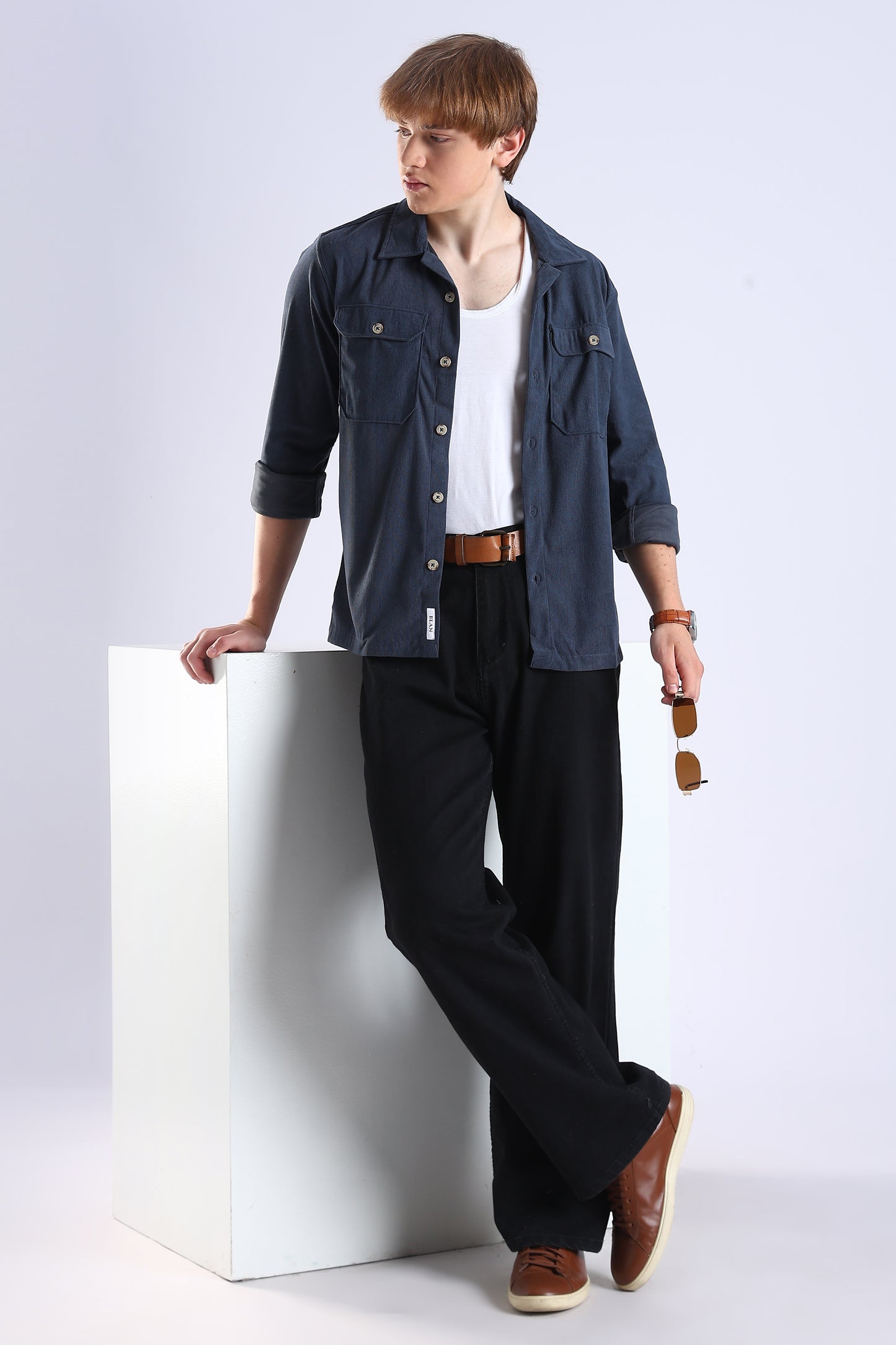 Regular Fit Baby Courdrey Double Pocket Elbow Patch Navy Blue Shirt