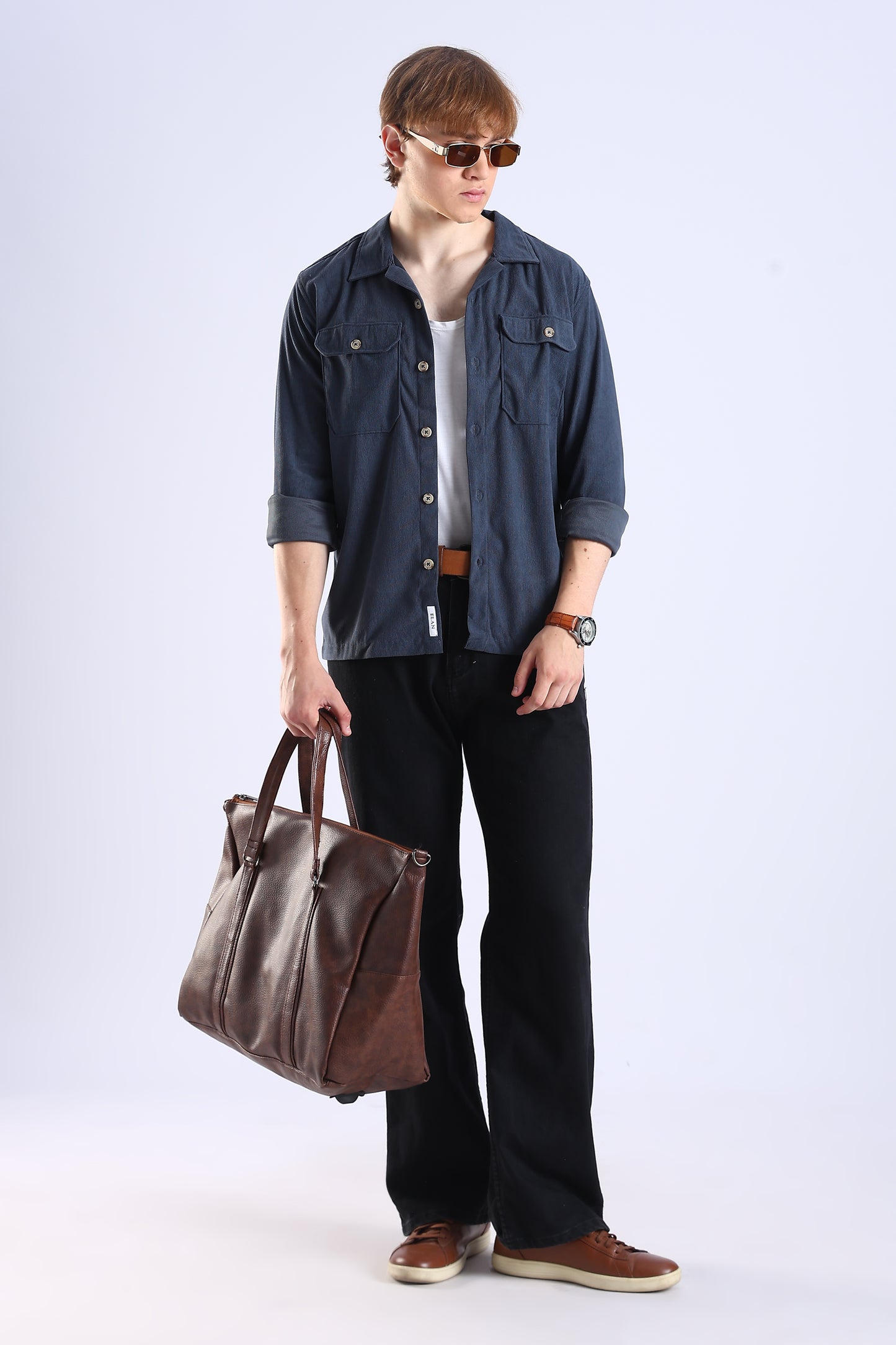 Regular Fit Baby Courdrey Double Pocket Elbow Patch Navy Blue Shirt