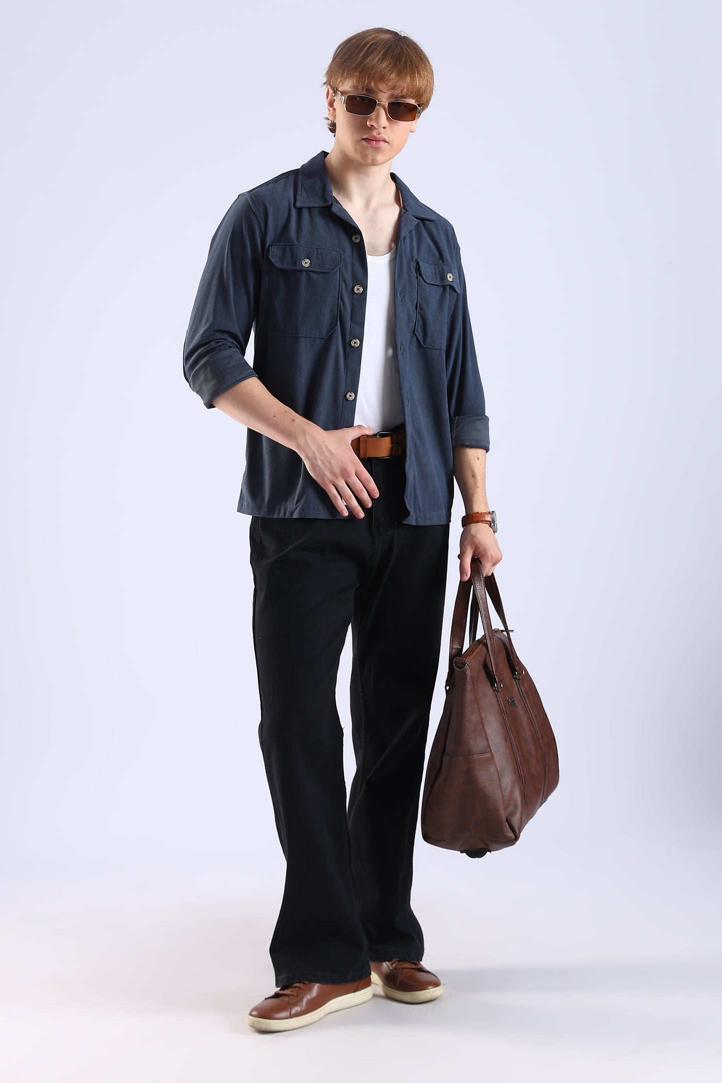 Regular Fit Baby Courdrey Double Pocket Elbow Patch Navy Blue Shirt