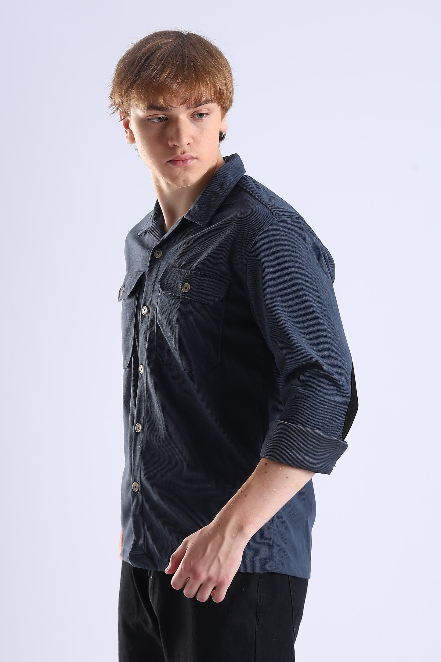 Regular Fit Baby Courdrey Double Pocket Elbow Patch Navy Blue Shirt