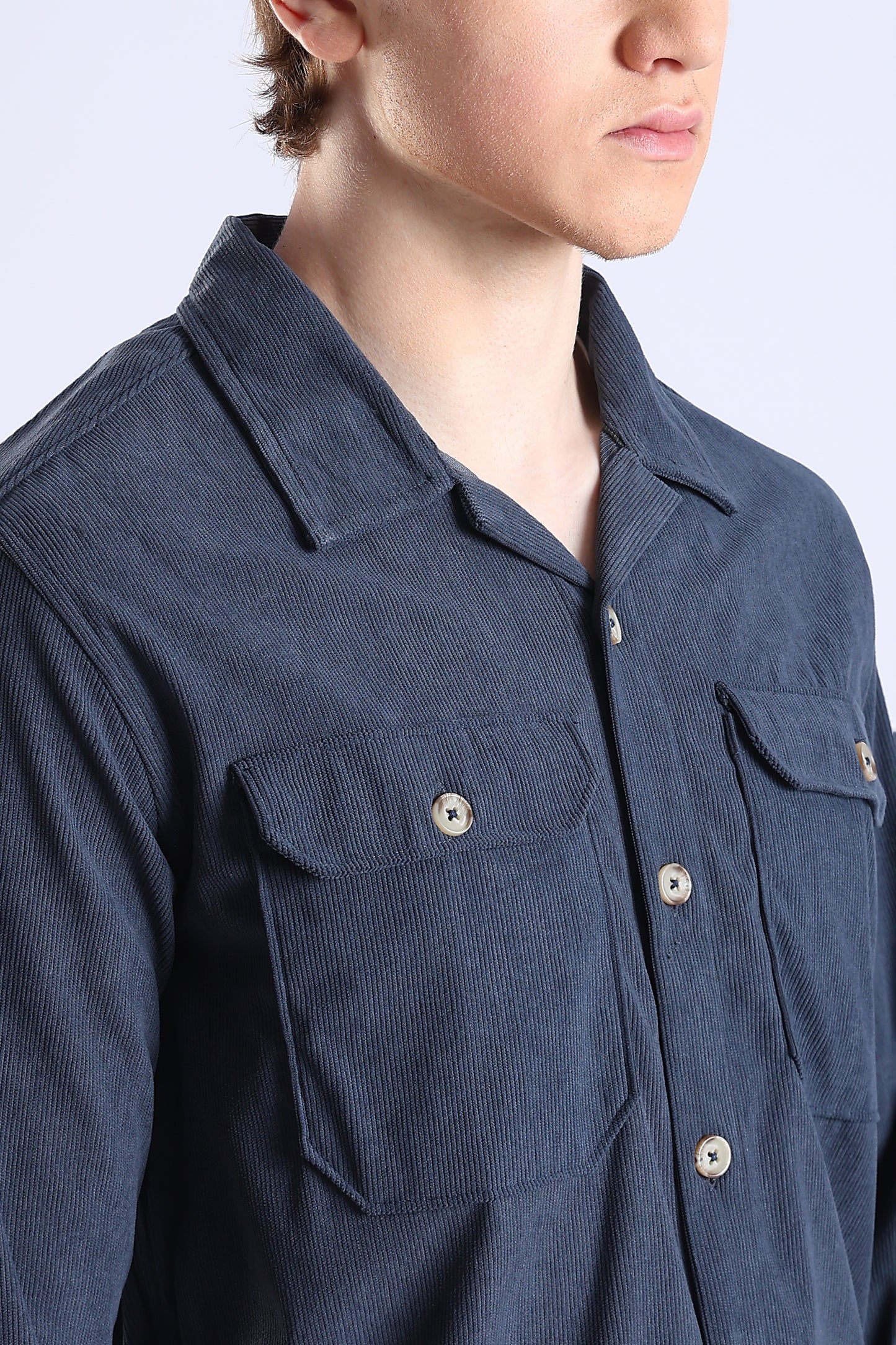 Regular Fit Baby Courdrey Double Pocket Elbow Patch Navy Blue Shirt