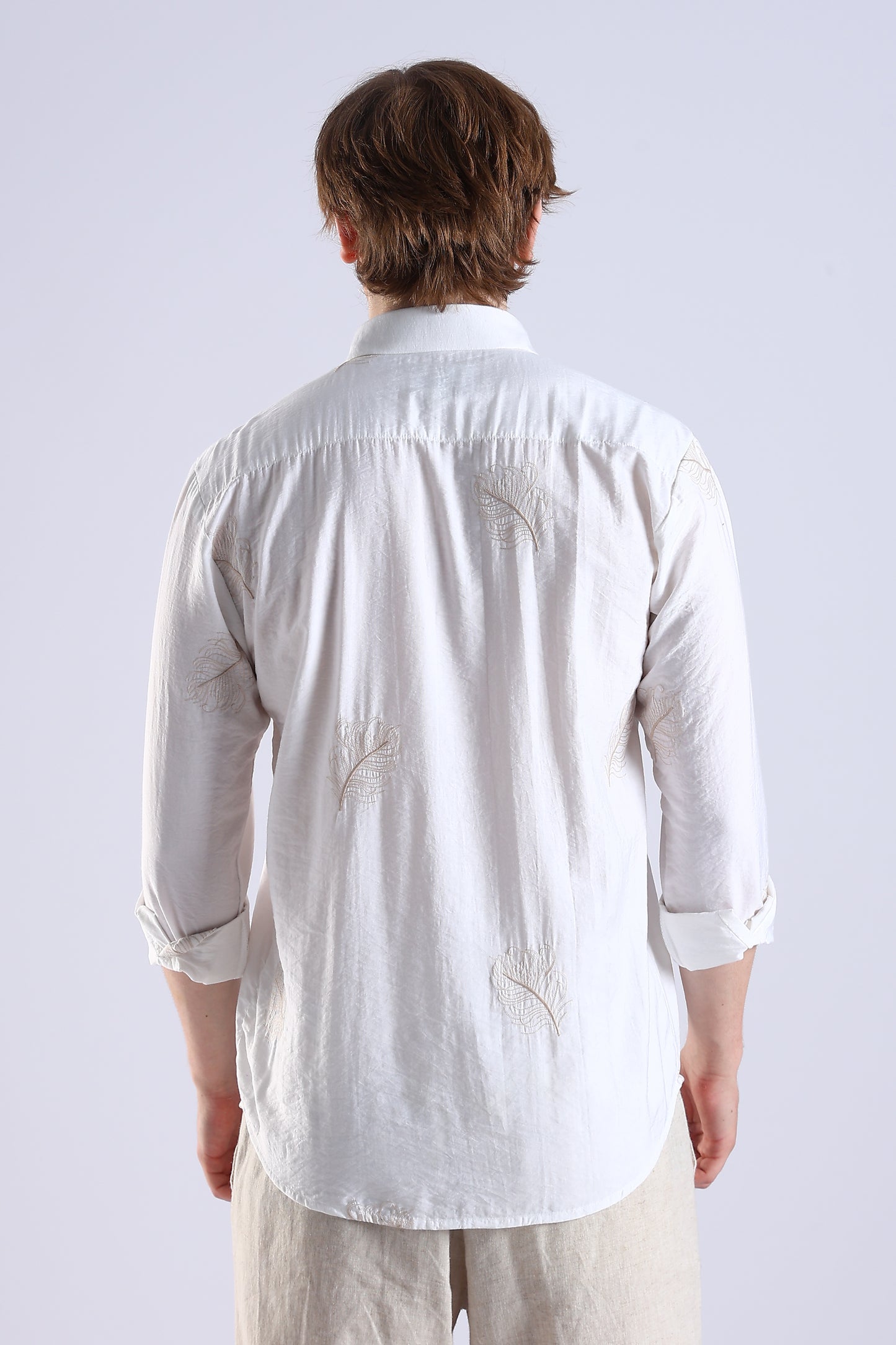 Regular Fit Leaf Embroidary Designer White Shirt
