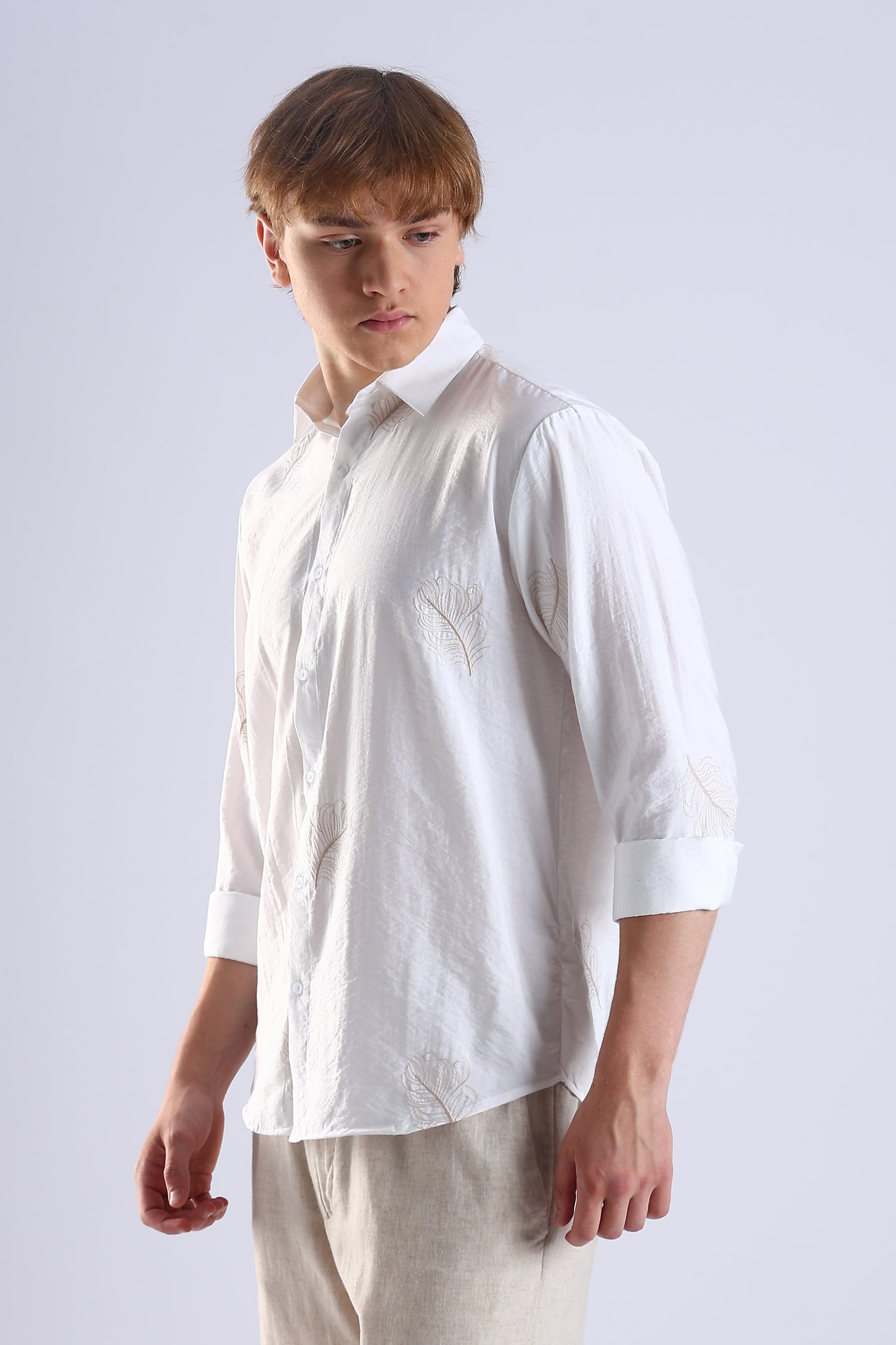 Regular Fit Leaf Embroidary Designer White Shirt