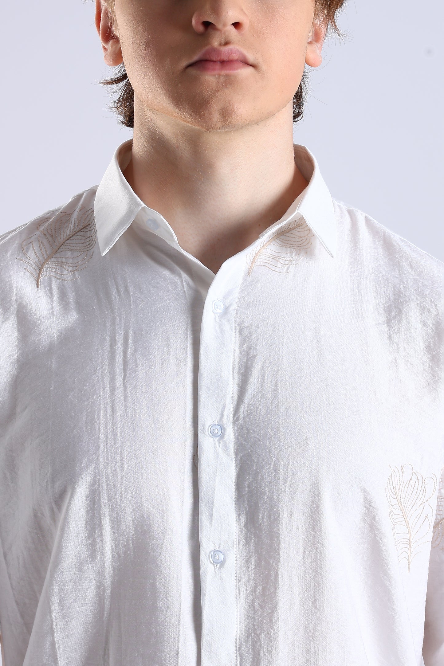Regular Fit Leaf Embroidary Designer White Shirt