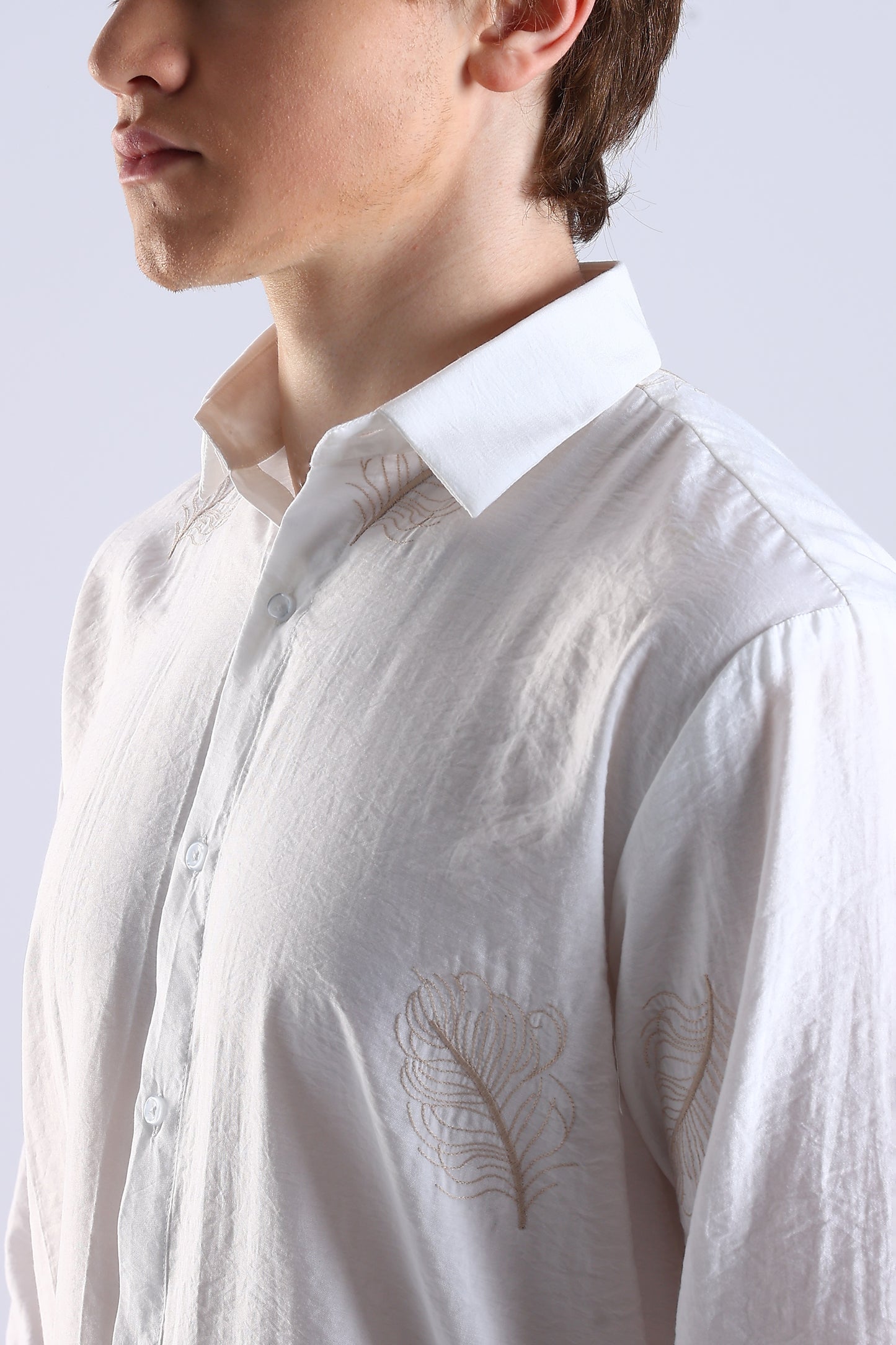 Regular Fit Leaf Embroidary Designer White Shirt