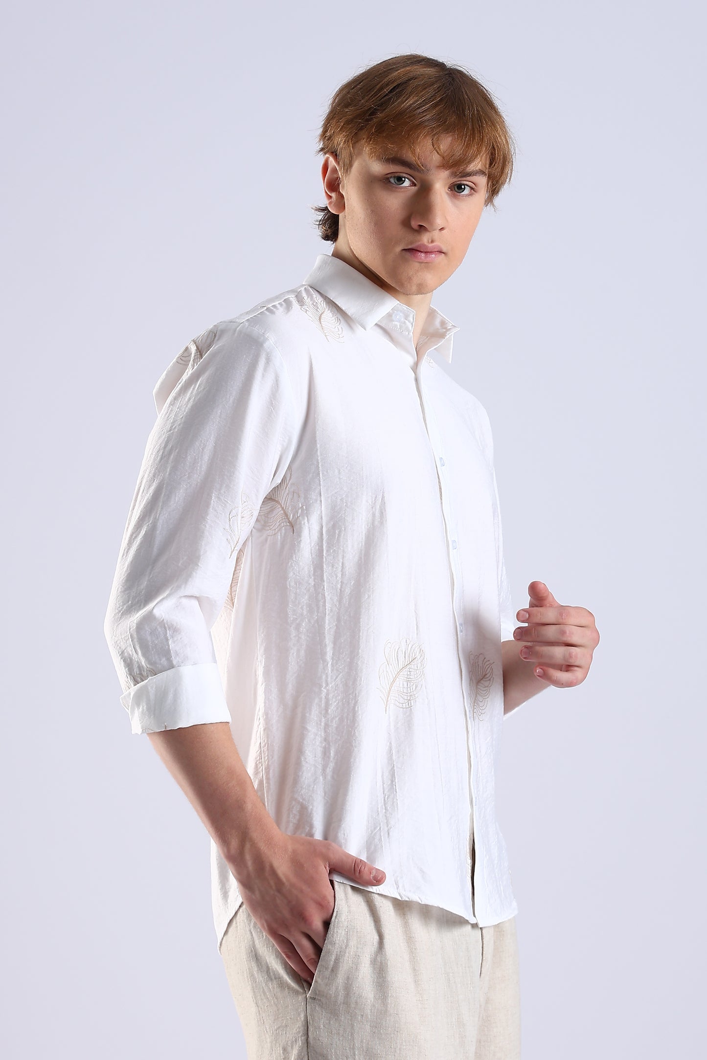Regular Fit Leaf Embroidary Designer White Shirt