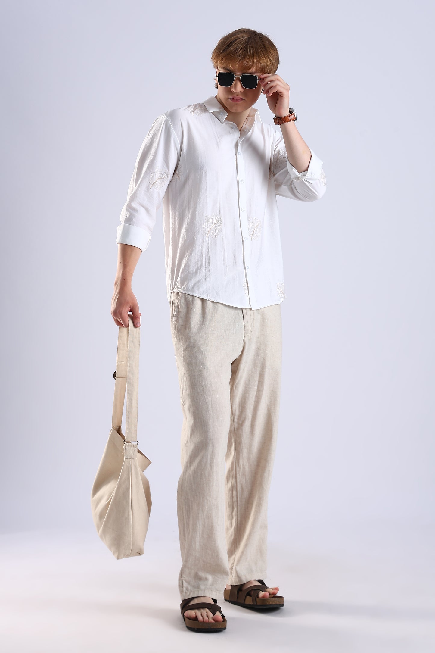Regular Fit Leaf Embroidary Designer White Shirt