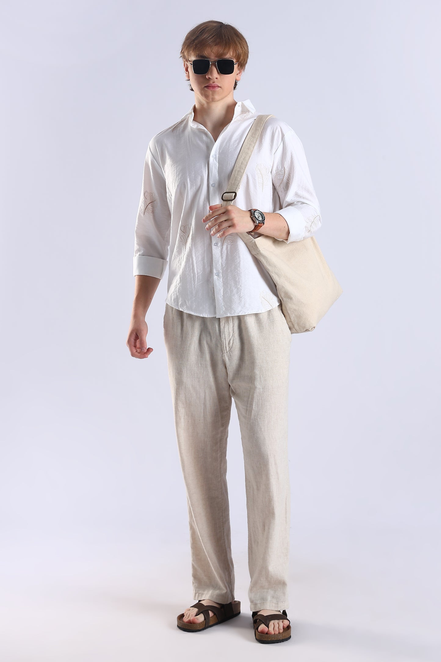 Regular Fit Leaf Embroidary Designer White Shirt