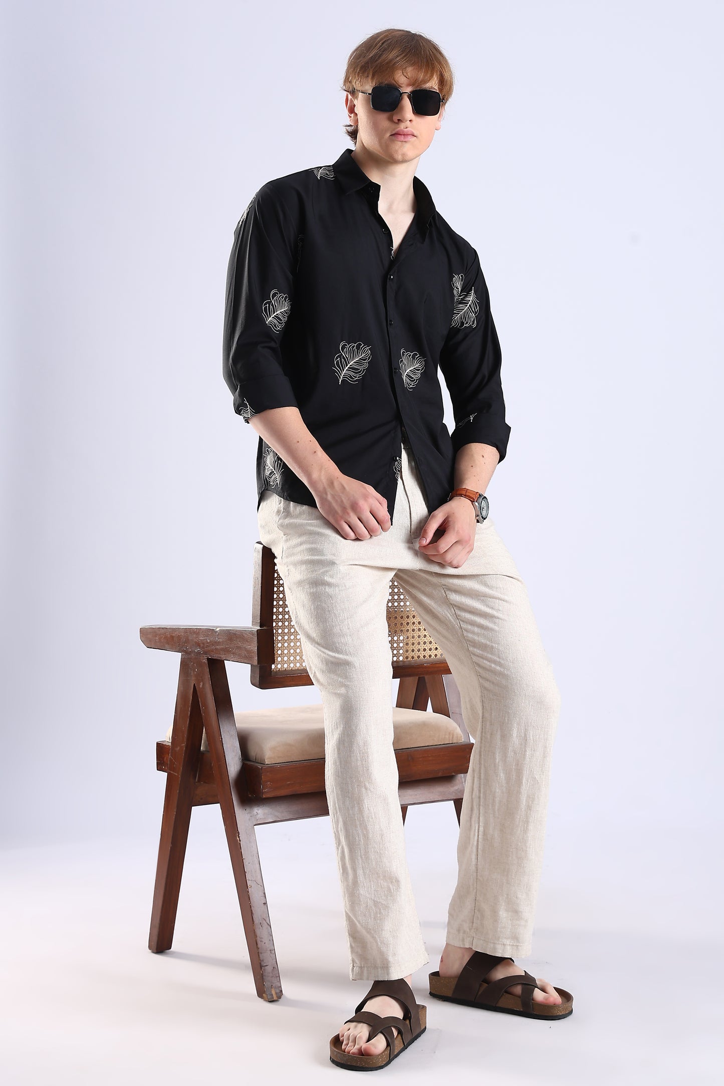 Regular Fit Leaf Enbroidery Designer Black Shirt
