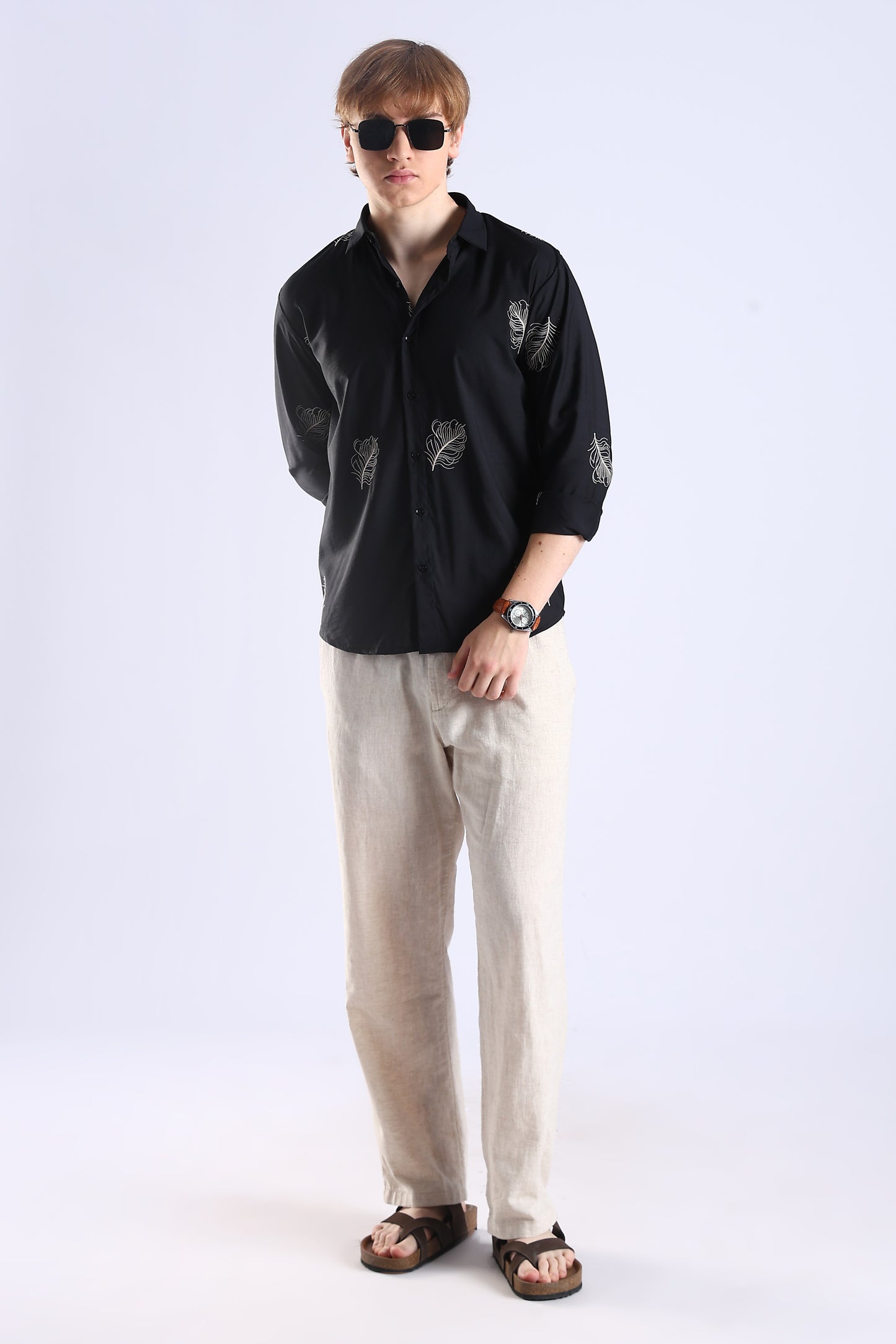 Regular Fit Leaf Enbroidery Designer Black Shirt