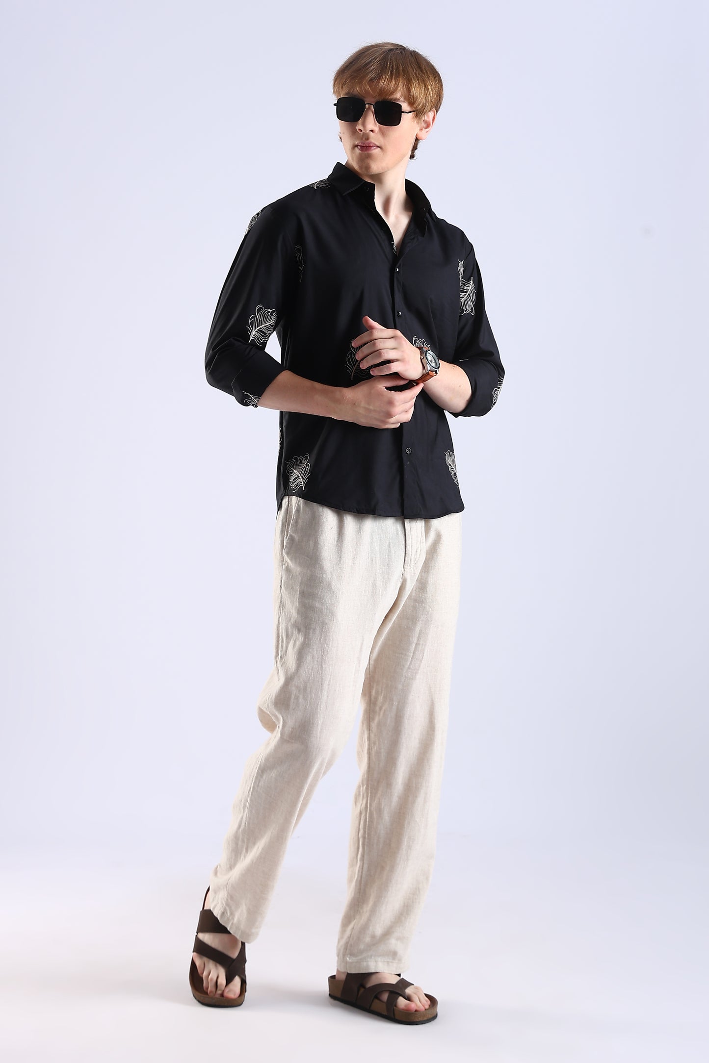 Regular Fit Leaf Enbroidery Designer Black Shirt