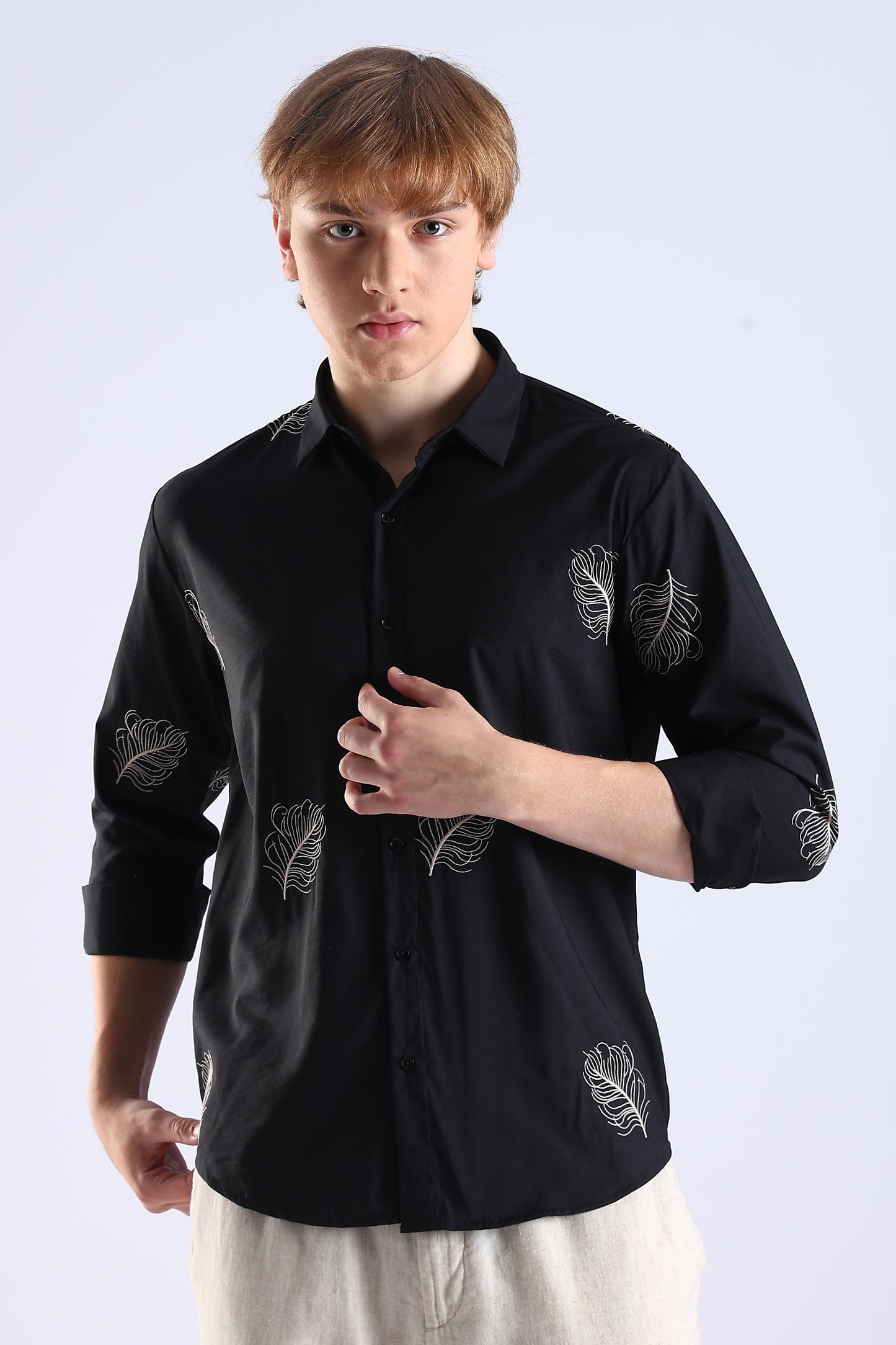 Regular Fit Leaf Enbroidery Designer Black Shirt