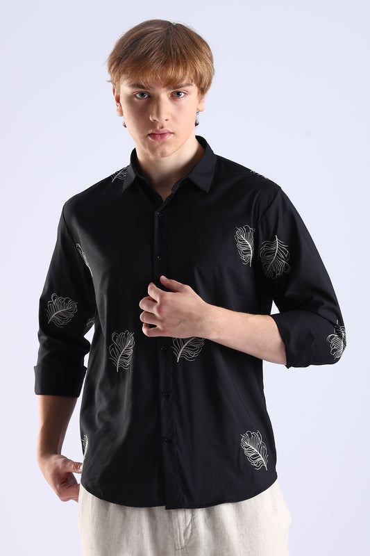 Regular Fit Black Enbroidery Designer Shirt