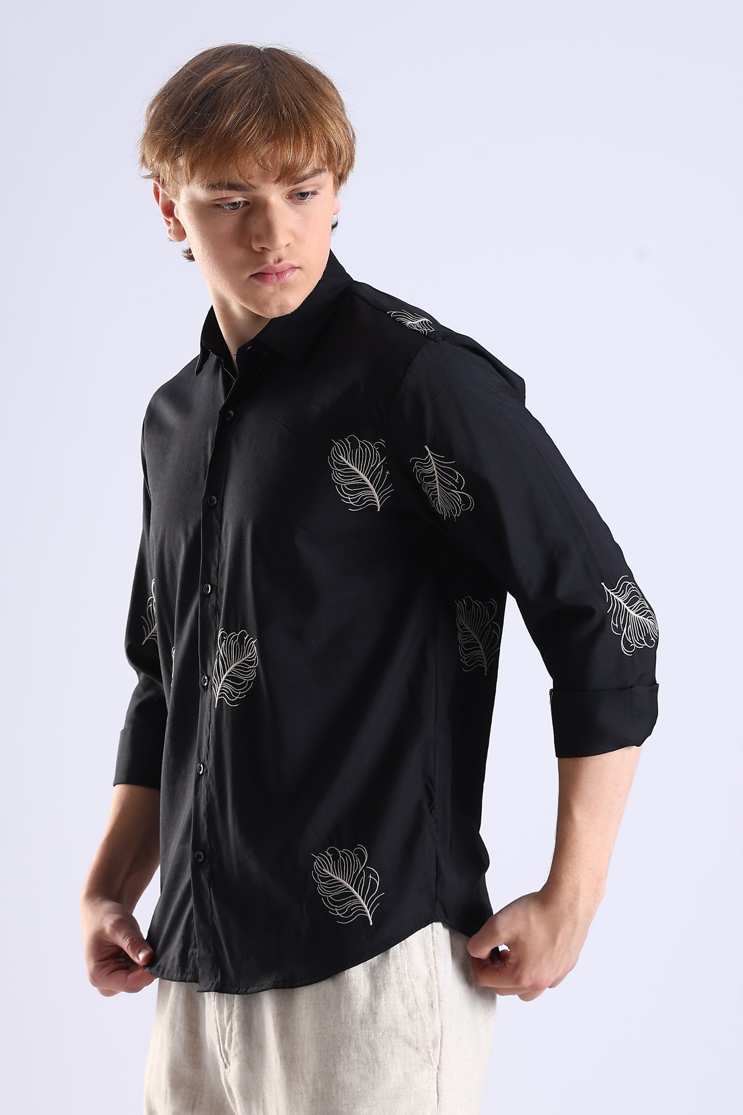 Regular Fit Leaf Enbroidery Designer Black Shirt