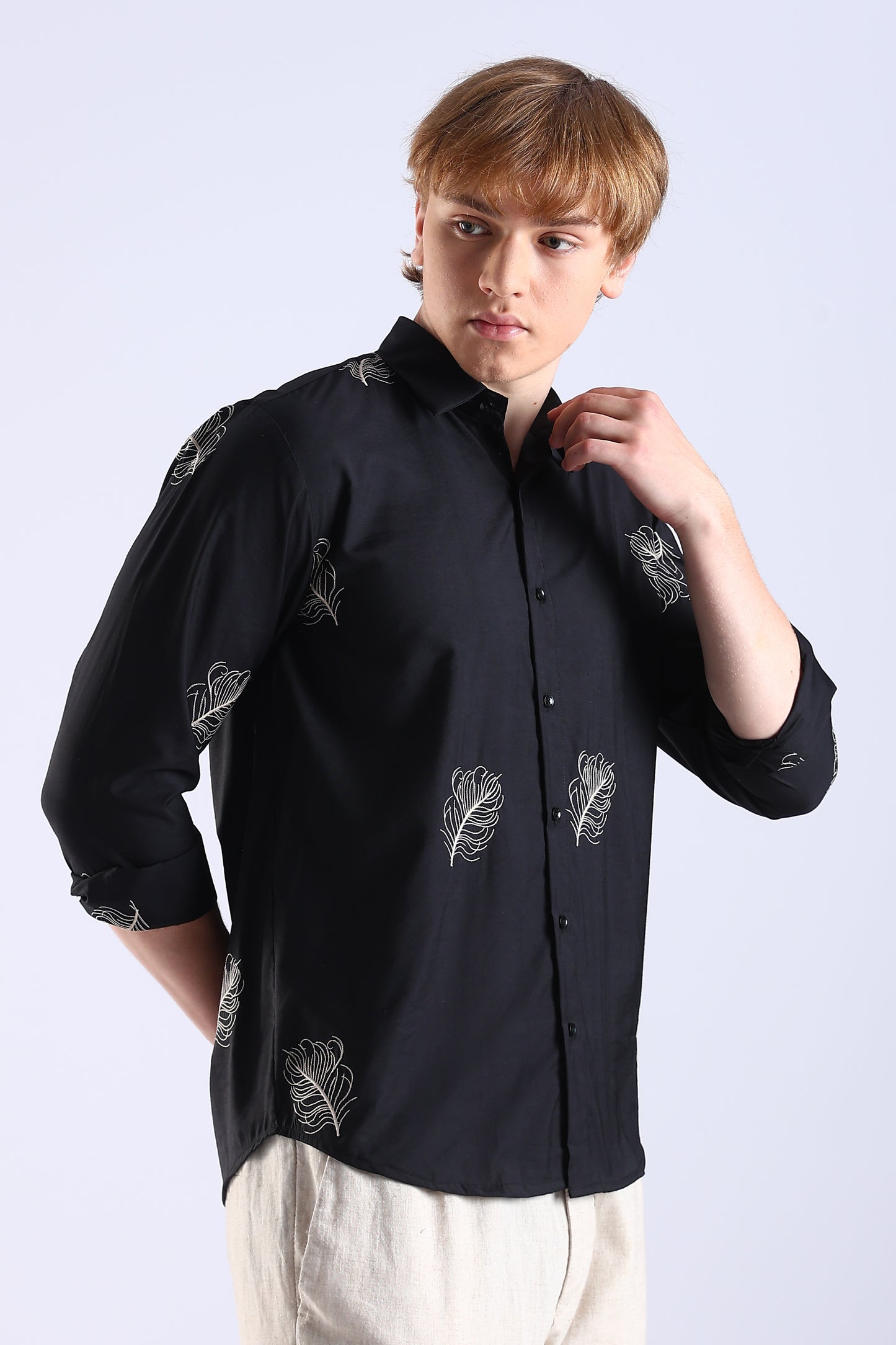 Regular Fit Leaf Enbroidery Designer Black Shirt
