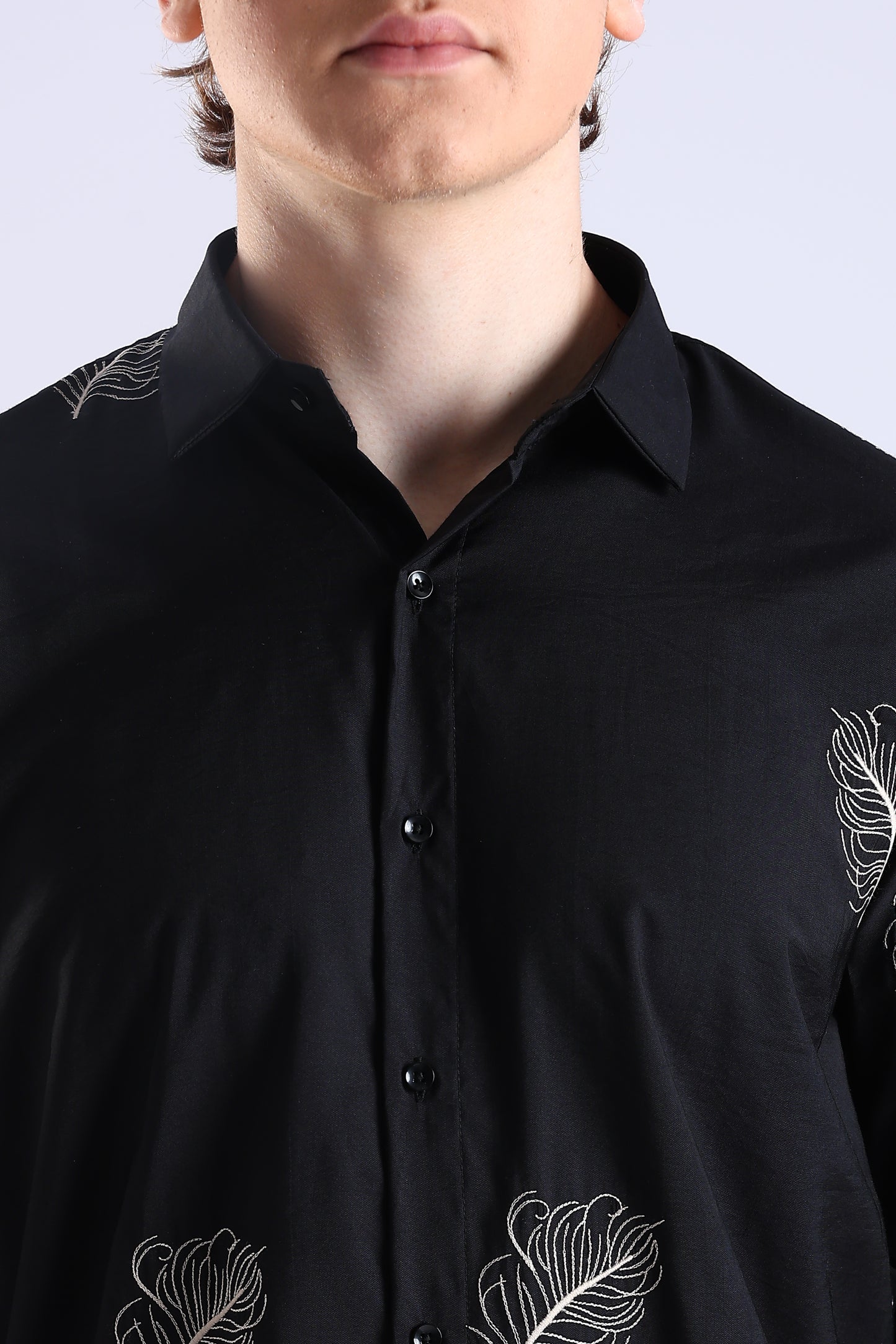 Regular Fit Leaf Enbroidery Designer Black Shirt