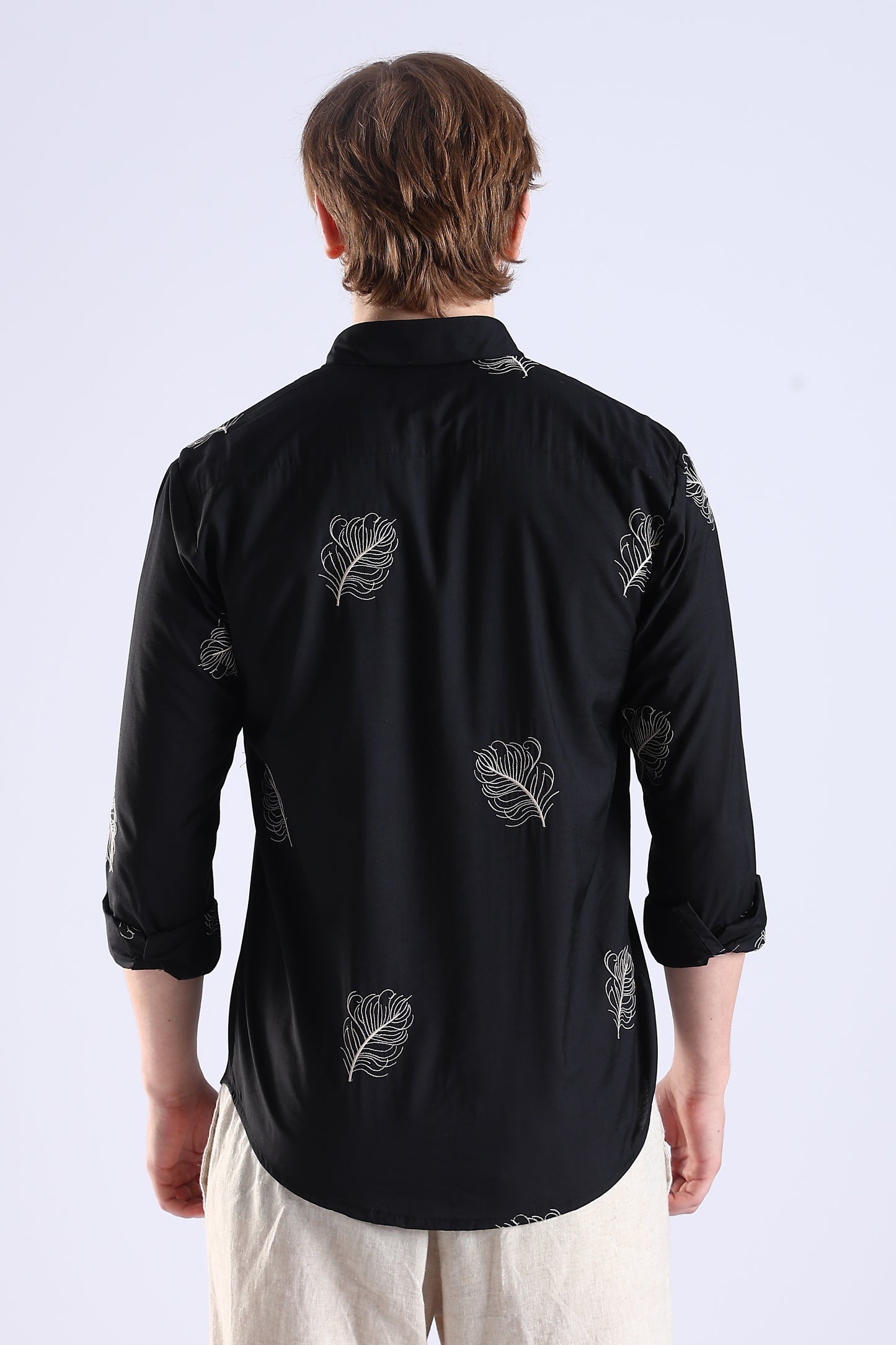 Regular Fit Leaf Enbroidery Designer Black Shirt