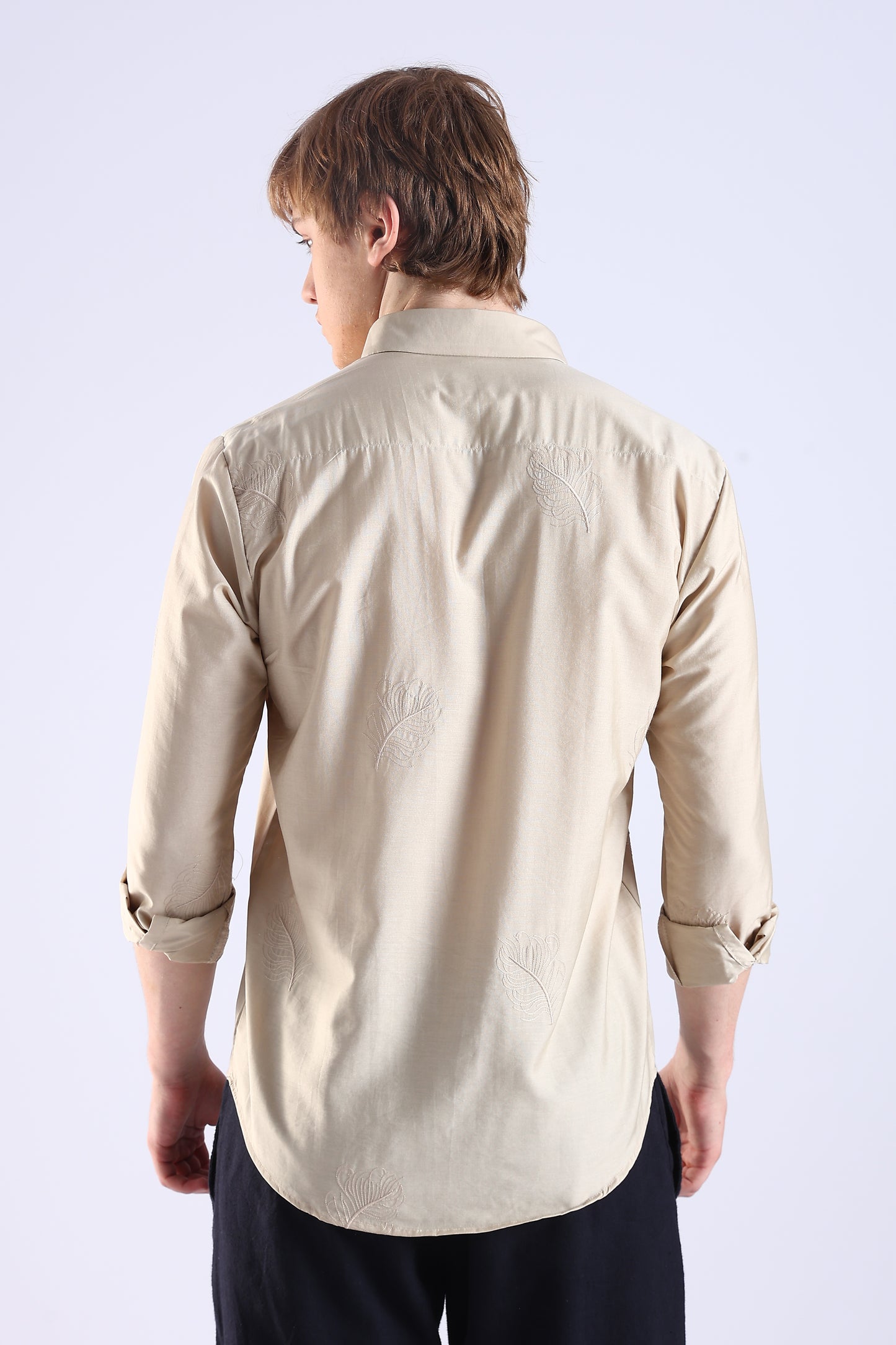 Regular Fit Leaf Embroidary Designer Light Beige Shirt