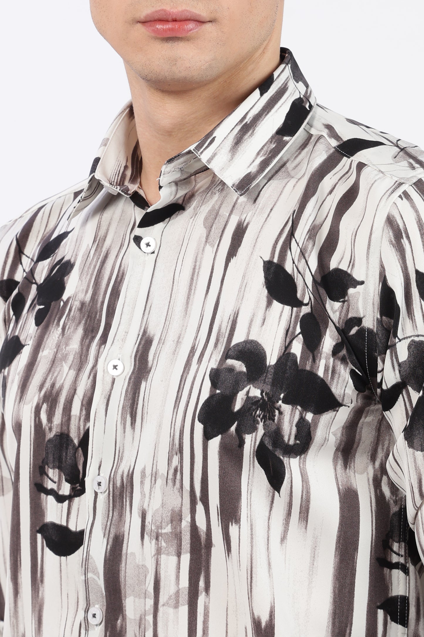 Ivory Brush Stripe Floral Print Shirt