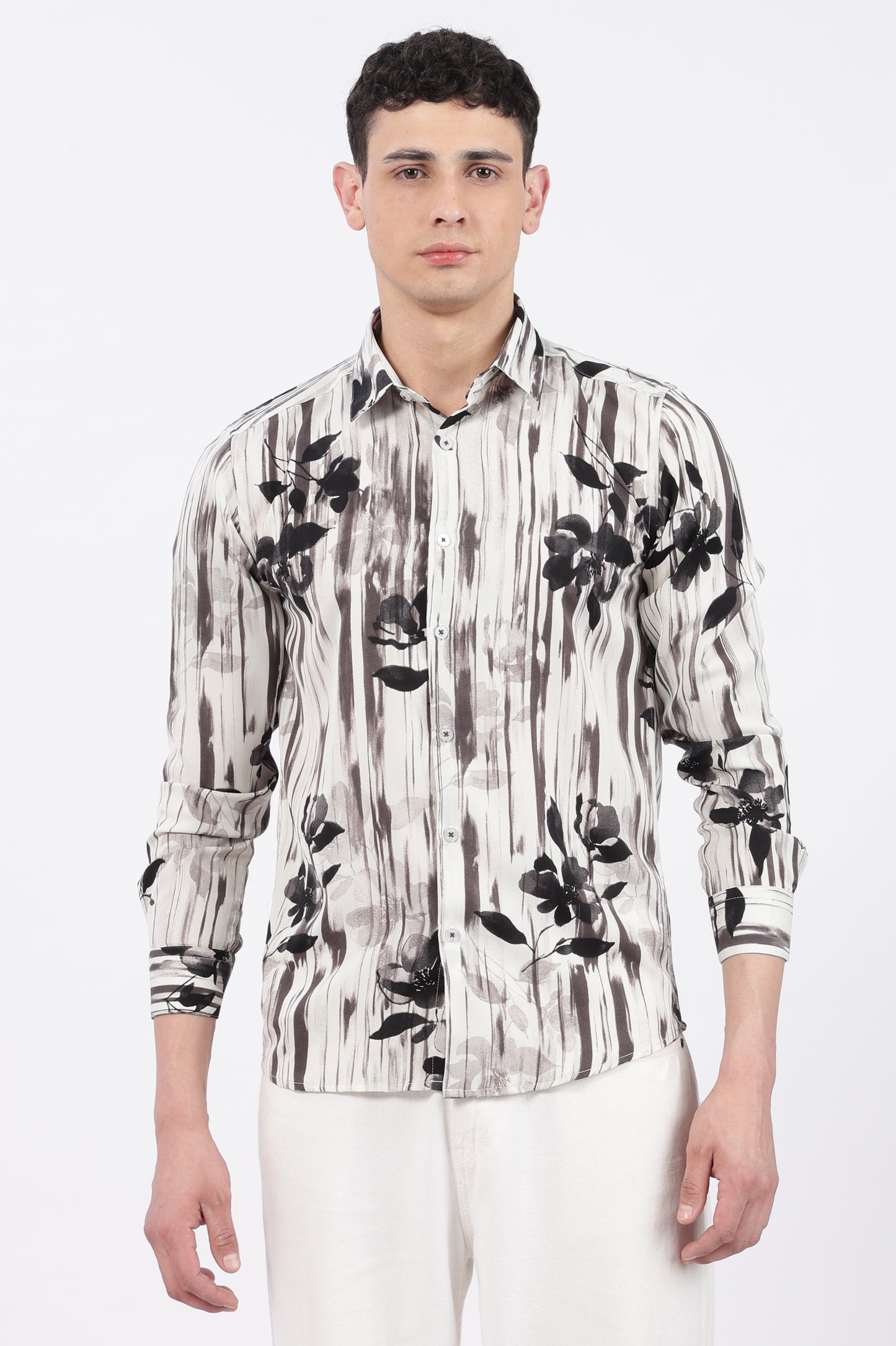 Ivory Brush Stripe Floral Print Shirt