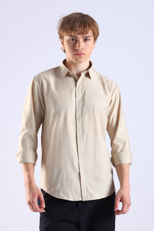 Regular Fit Embroidary Designer Light Beige Shirt