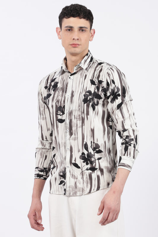 Ivory Brush Stripe Floral Print Shirt