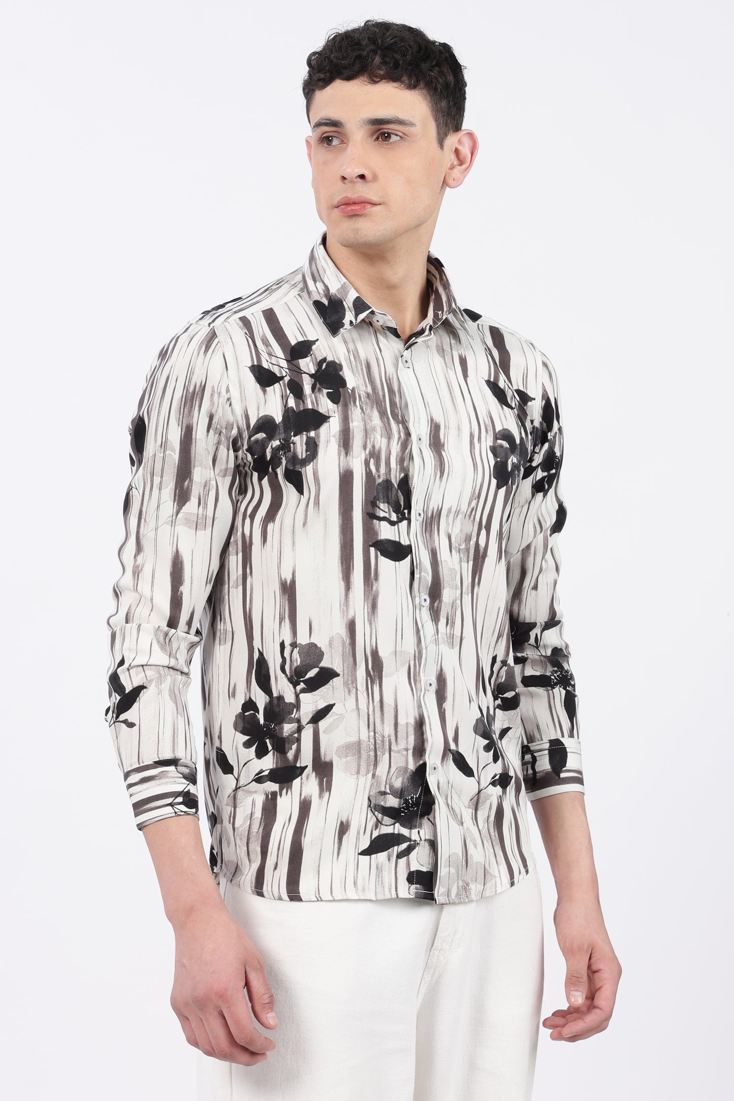 Ivory Brush Stripe Floral Print Shirt