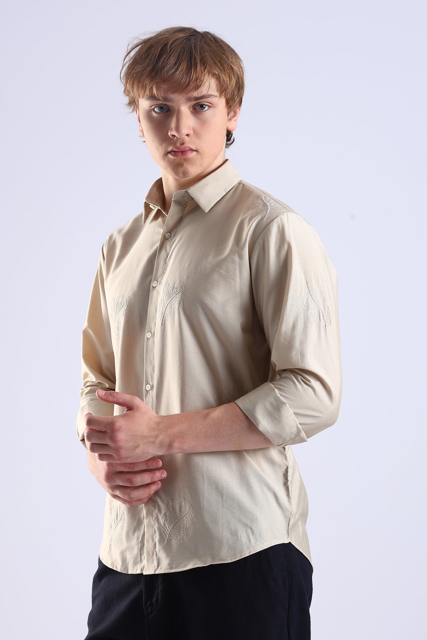 Regular Fit Leaf Embroidary Designer Light Beige Shirt