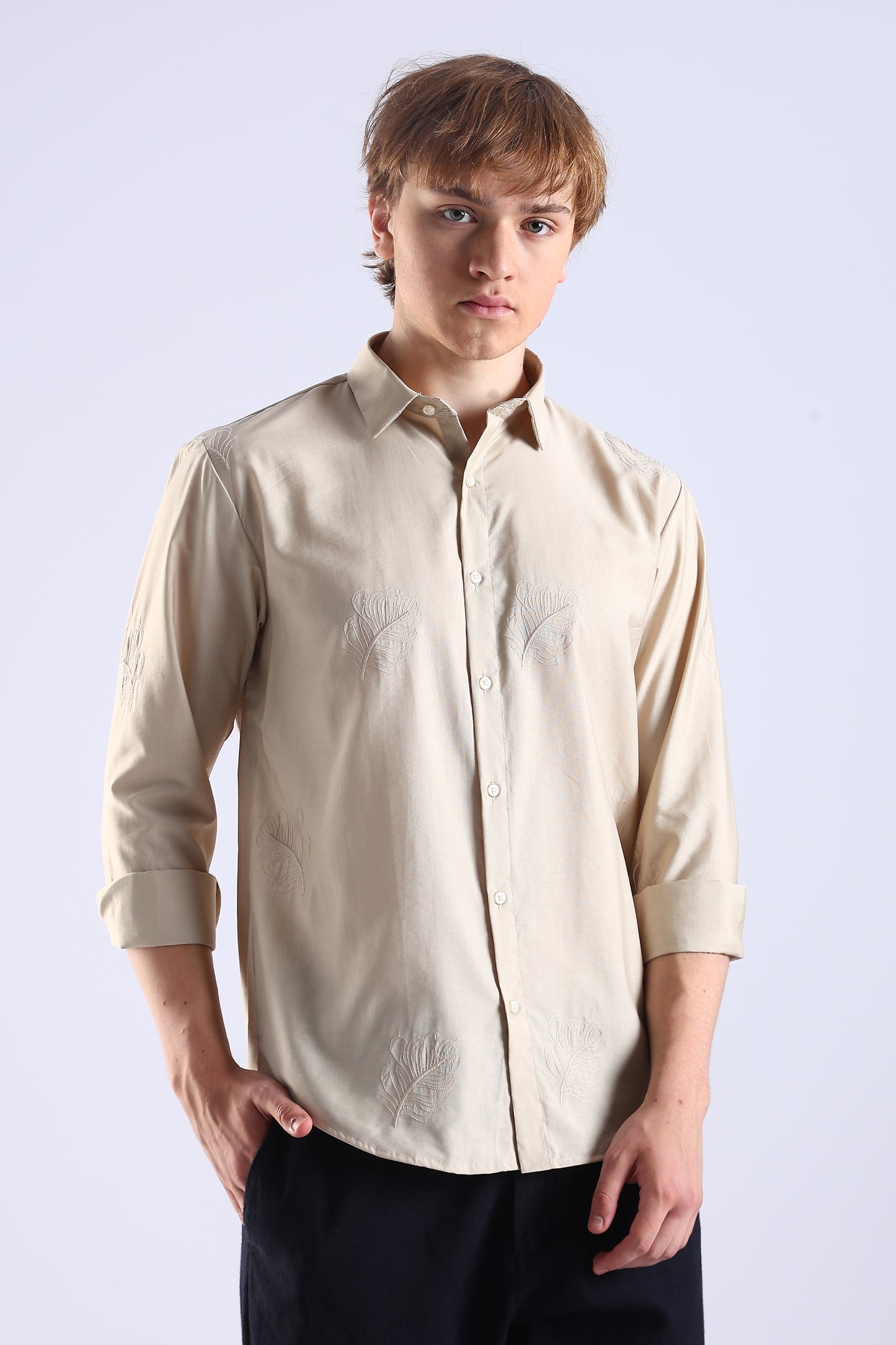 Regular Fit Leaf Embroidary Designer Light Beige Shirt