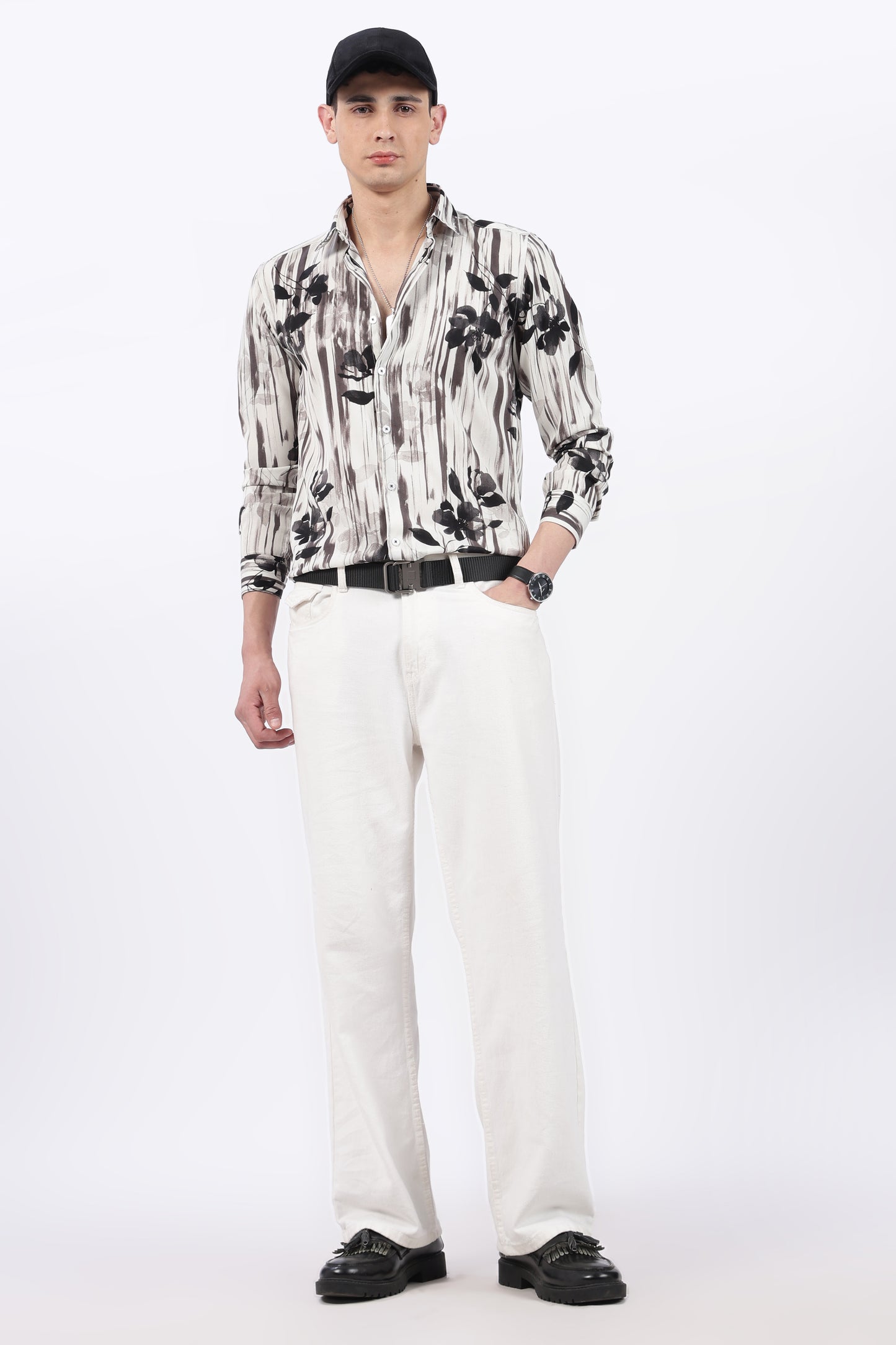 Ivory Brush Stripe Floral Print Shirt