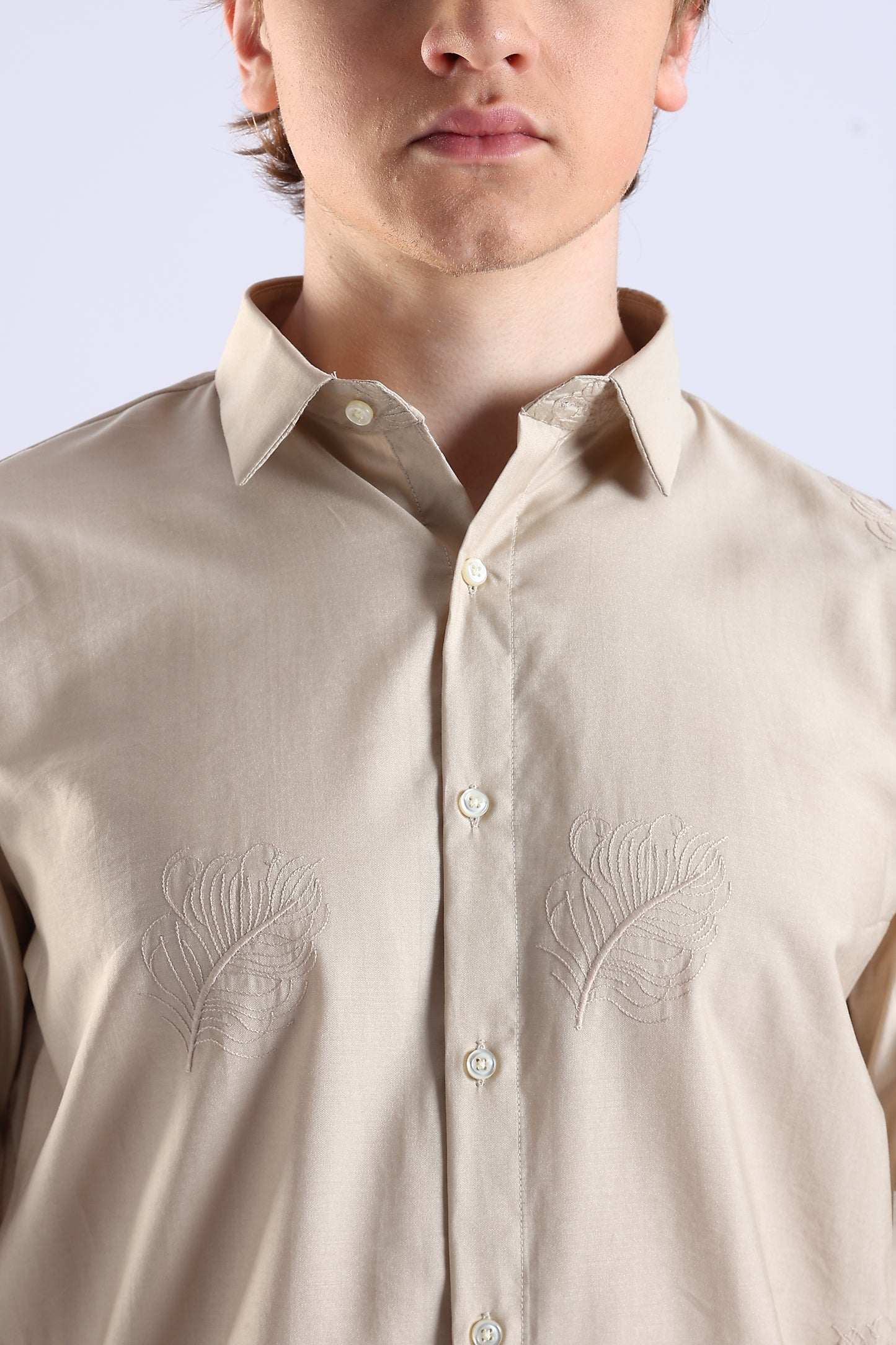 Regular Fit Leaf Embroidary Designer Light Beige Shirt