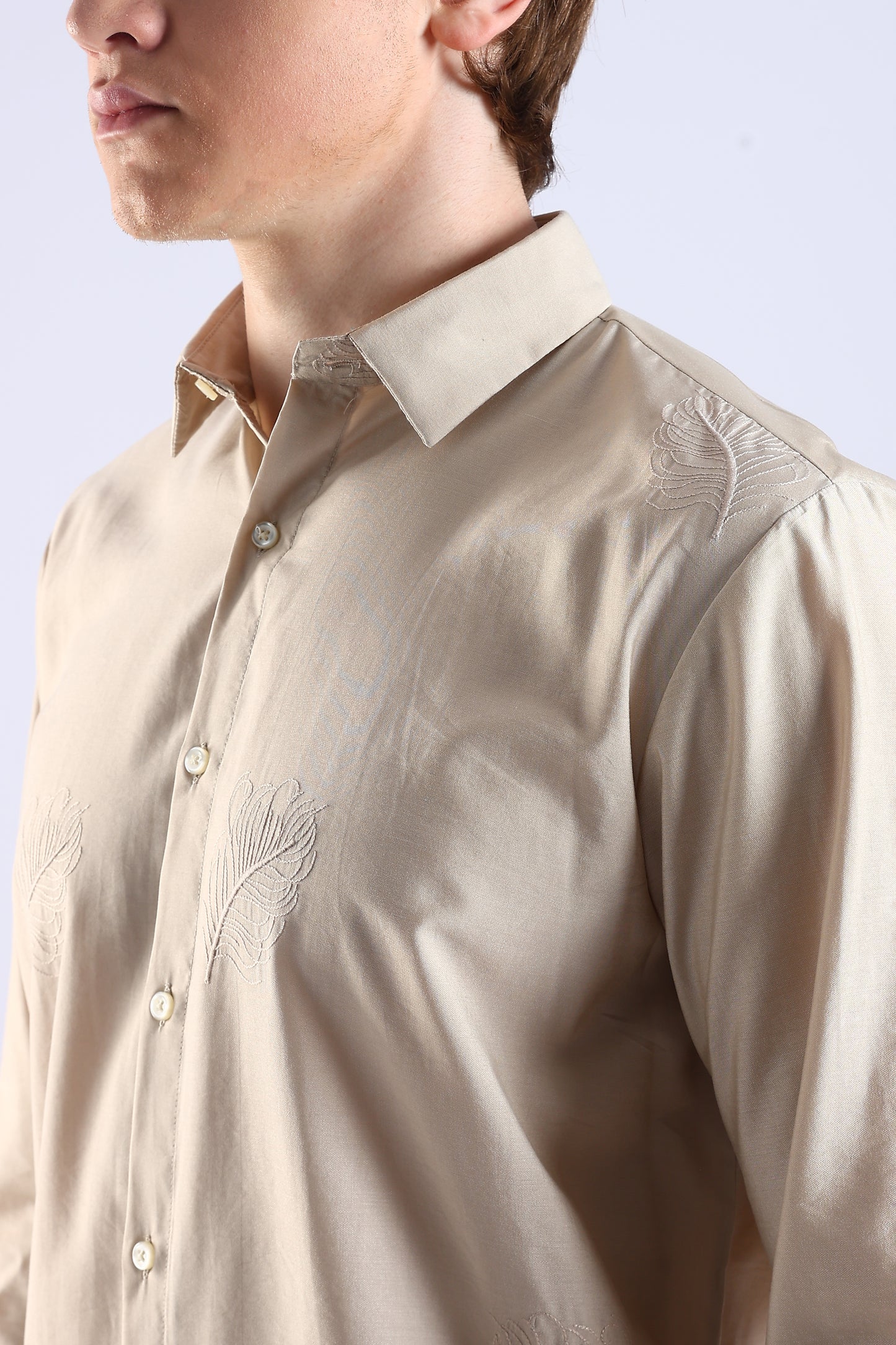 Regular Fit Leaf Embroidary Designer Light Beige Shirt