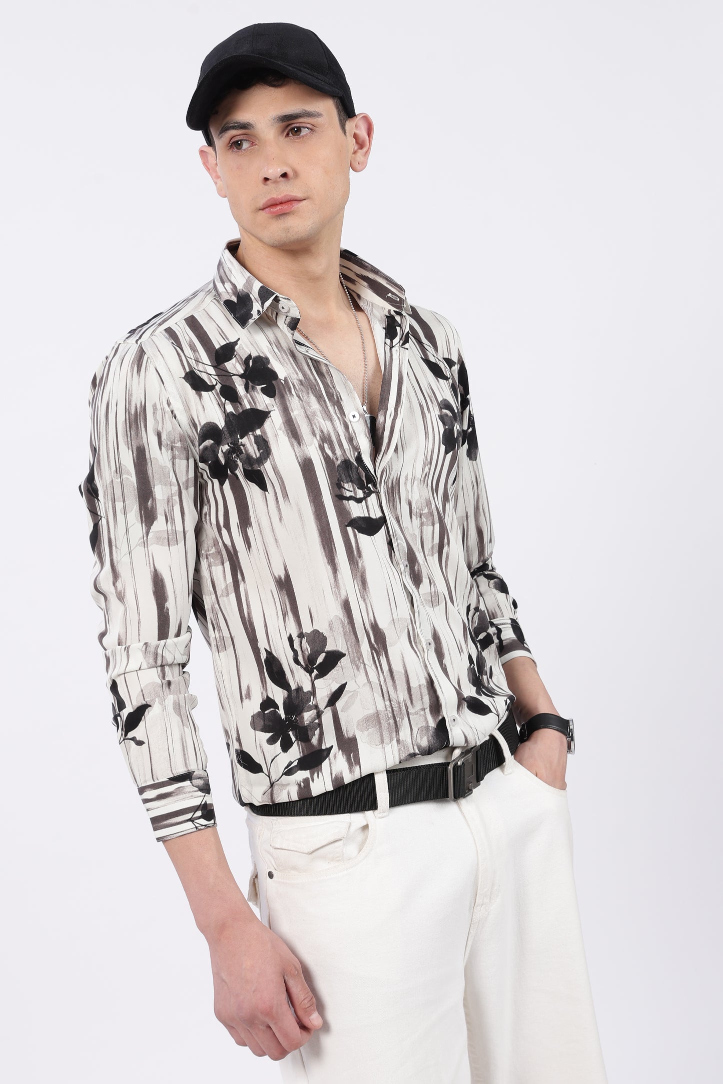Ivory Brush Stripe Floral Print Shirt