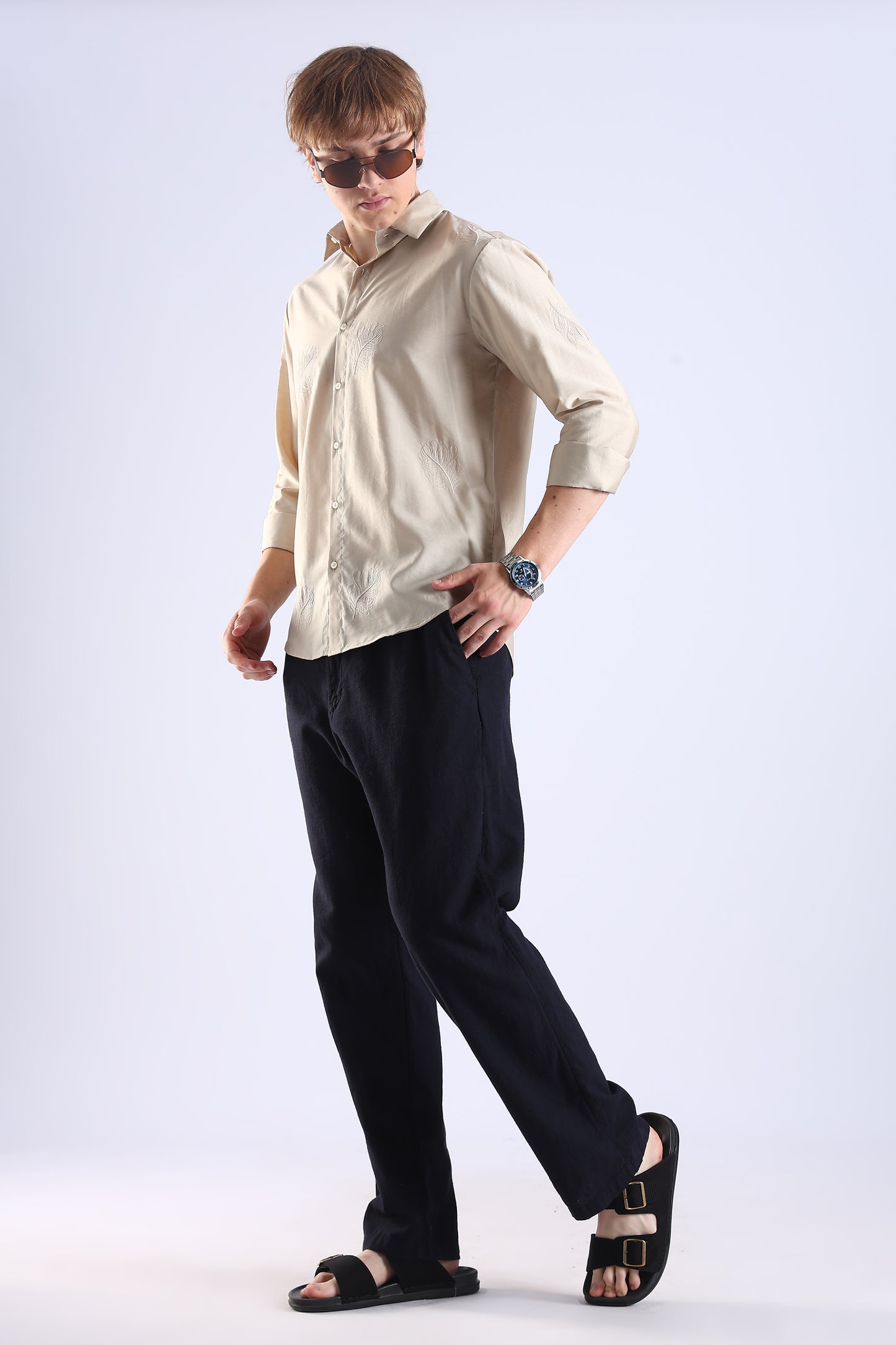 Regular Fit Leaf Embroidary Designer Light Beige Shirt