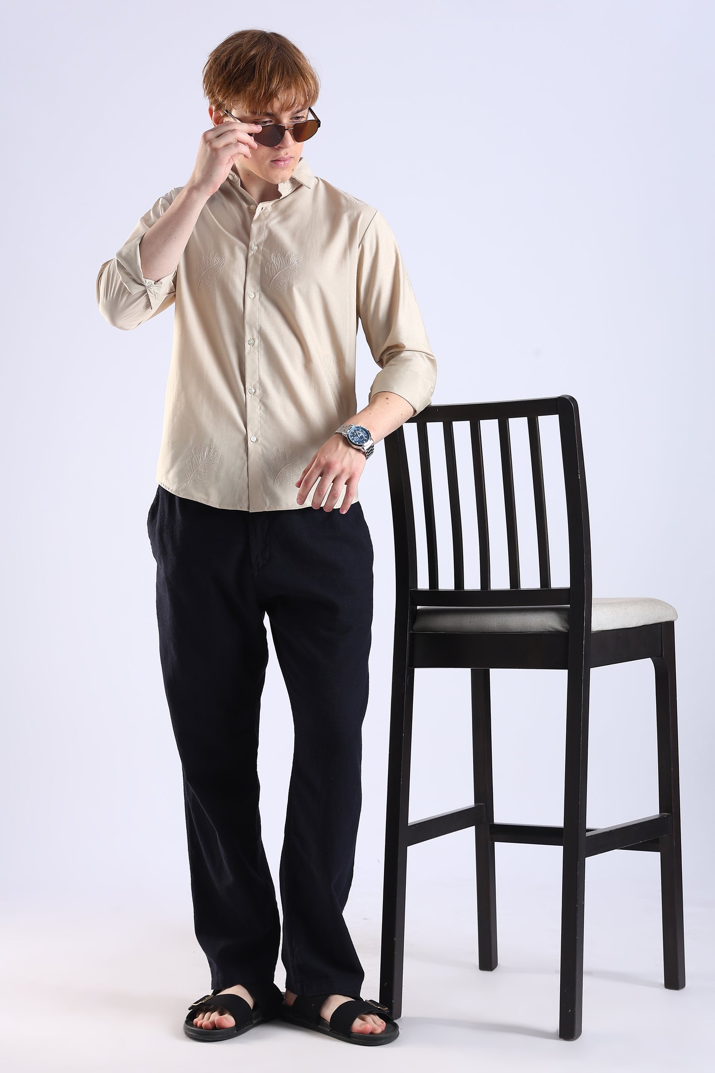 Regular Fit Leaf Embroidary Designer Light Beige Shirt
