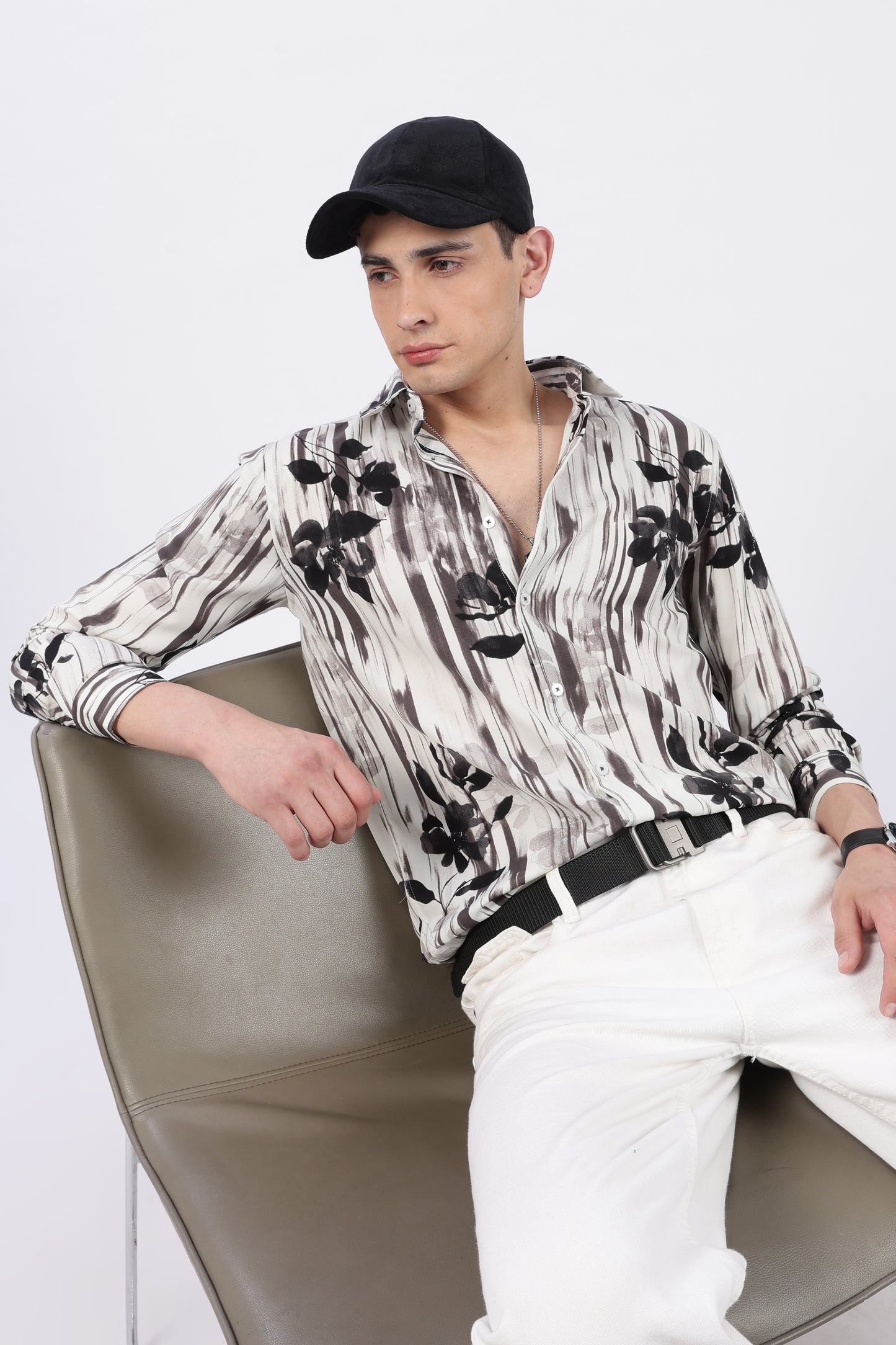 Ivory Brush Stripe Floral Print Shirt