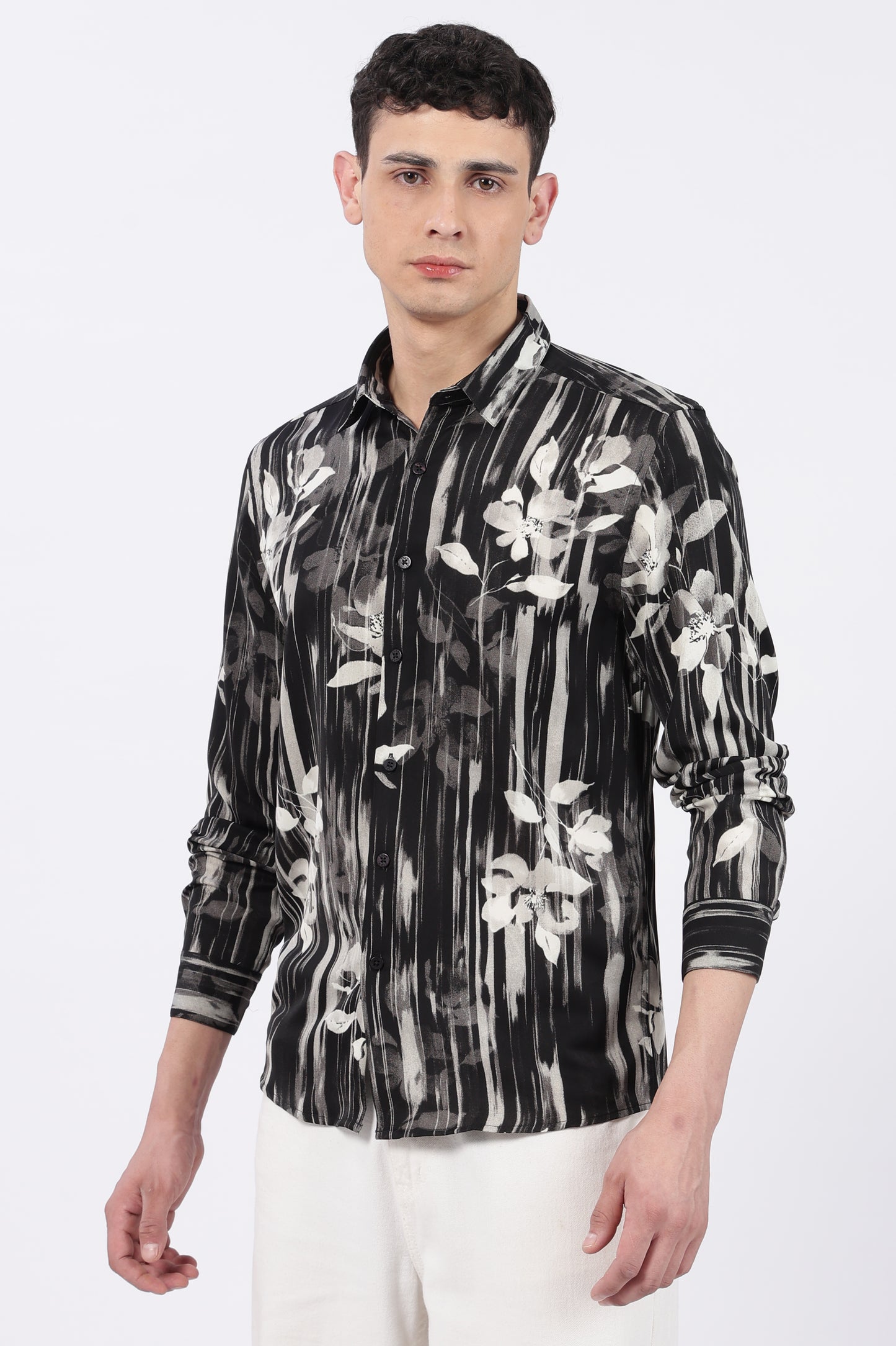 Onyx Brushstripe Floral Printed Shirt