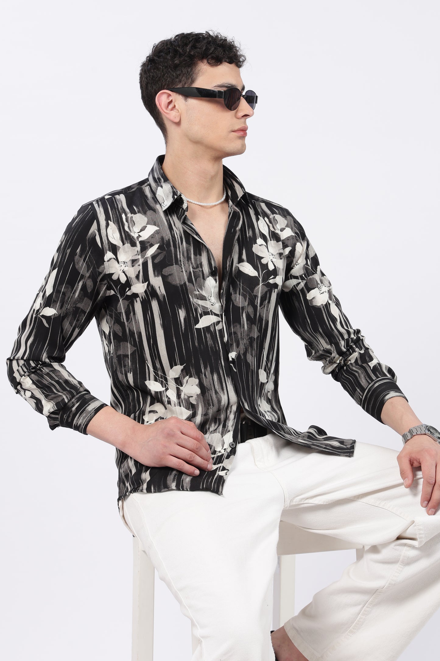 Onyx Brushstripe Floral Printed Shirt