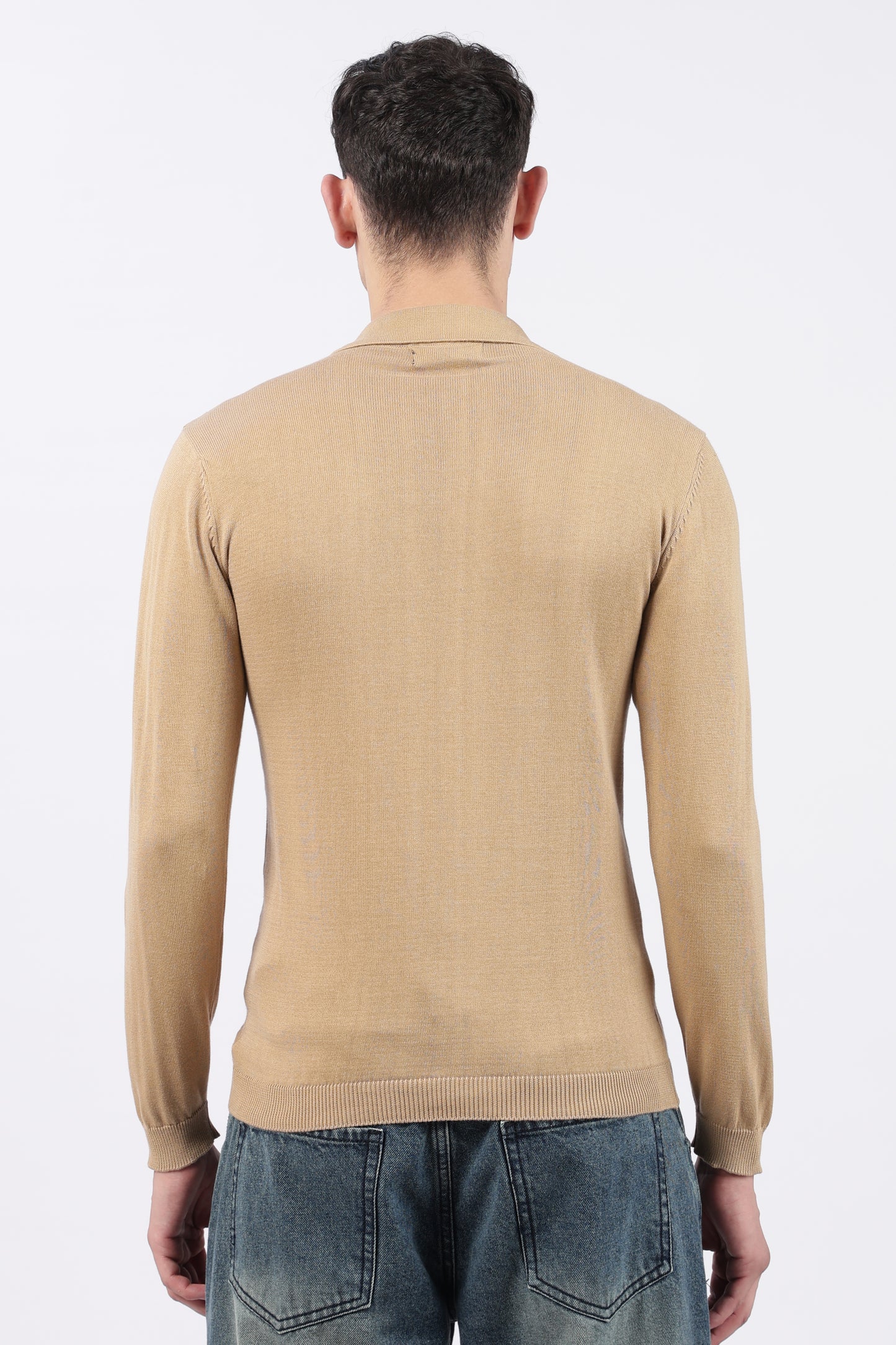 Beige Cable-Knit Zipper Polo T-Shirt