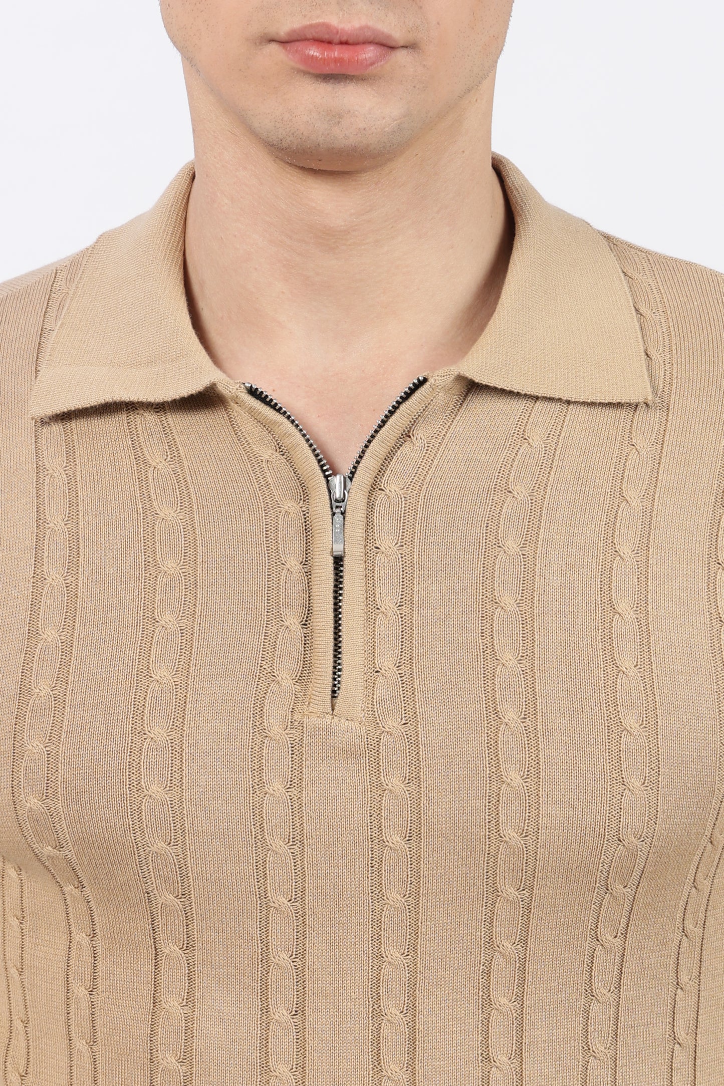 Beige Cable-Knit Zipper Polo T-Shirt