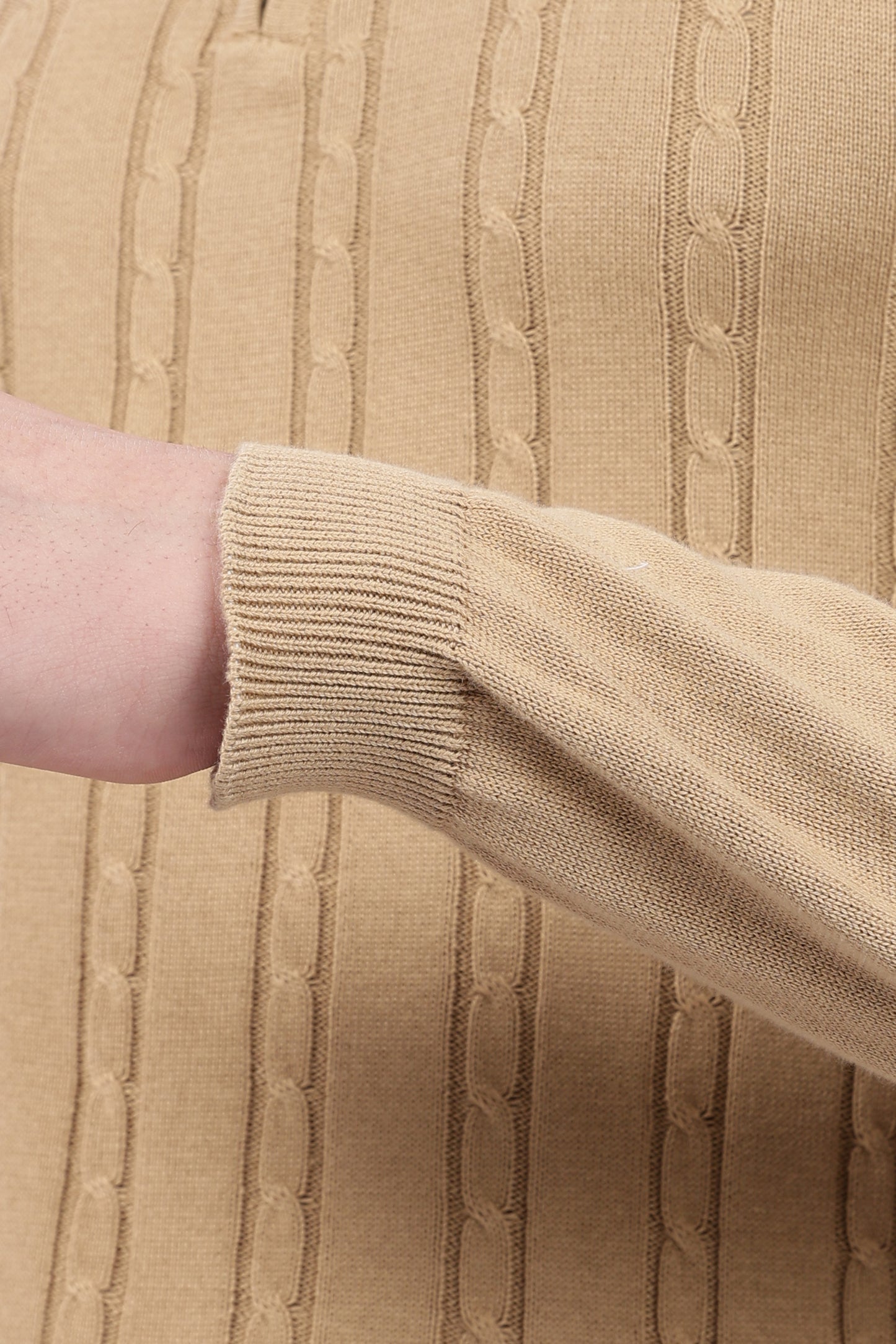 Beige Cable-Knit Zipper Polo T-Shirt