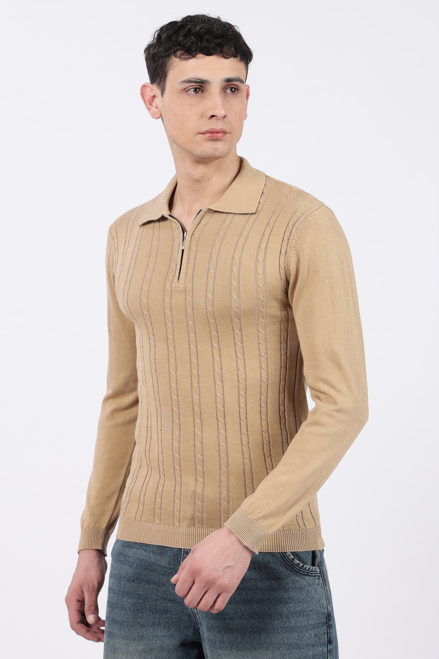 Beige Cable-Knit Zipper Polo T-Shirt