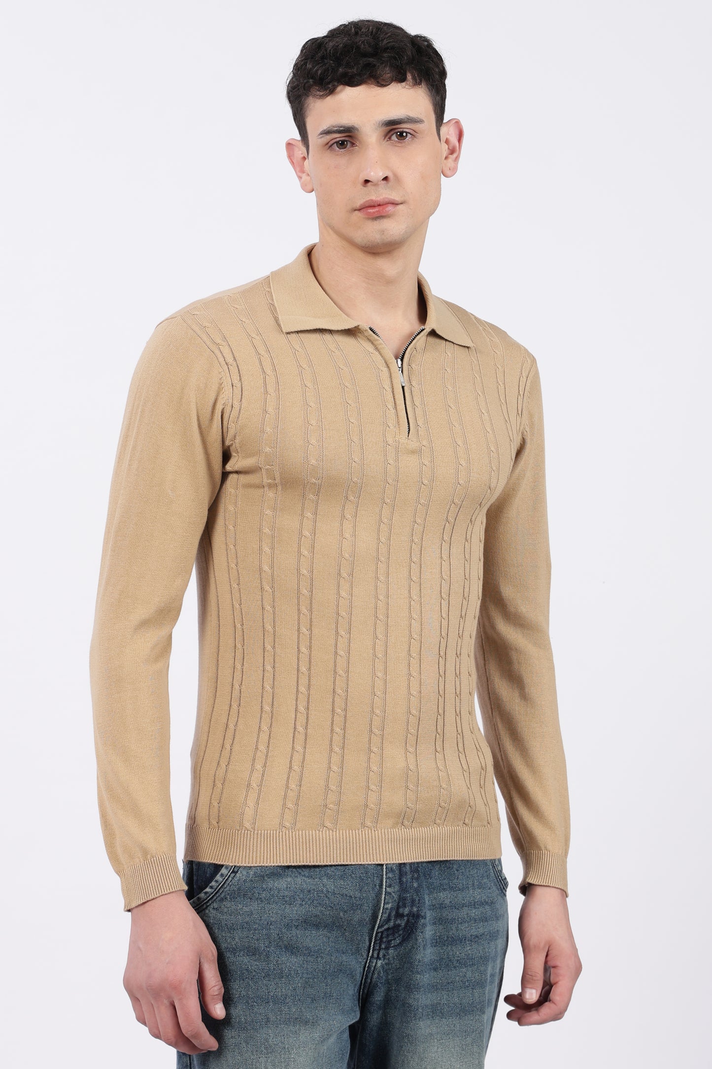 Beige Cable-Knit Zipper Polo T-Shirt