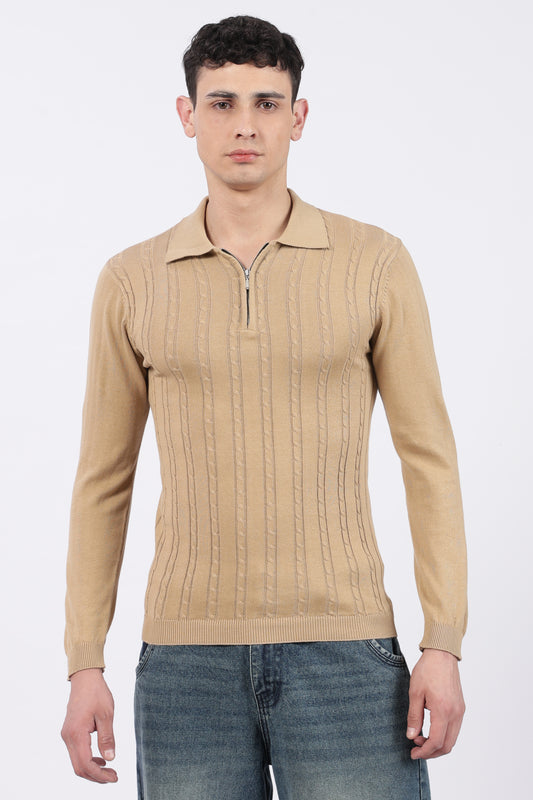 Beige Cable-Knit Zipper Polo T-Shirt