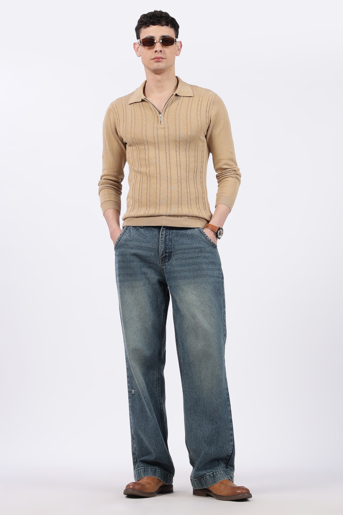 Beige Cable-Knit Zipper Polo T-Shirt